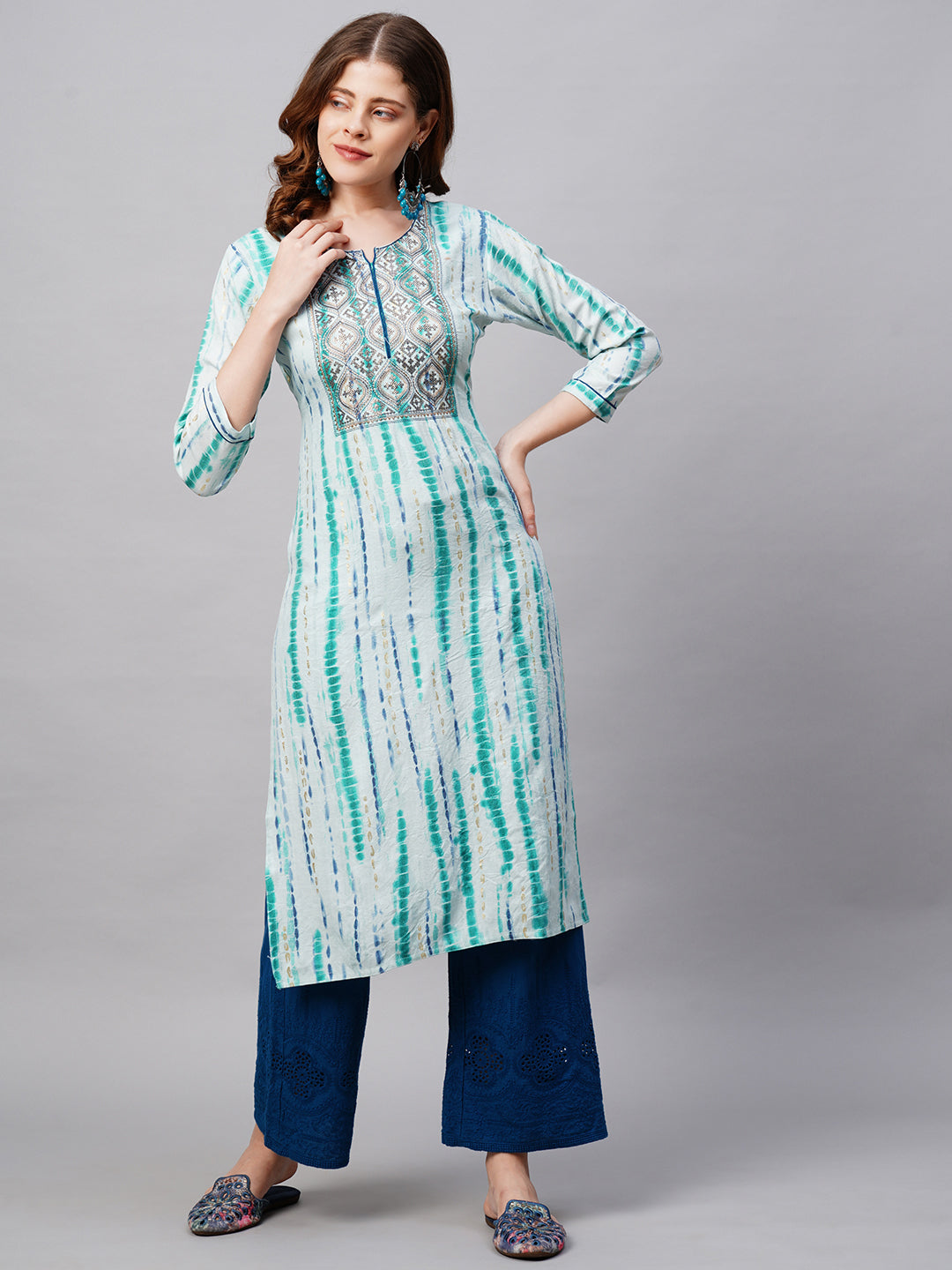 Ethnic Tie-Dye Printed Straight Fit Kurta - Light Aqua Blue