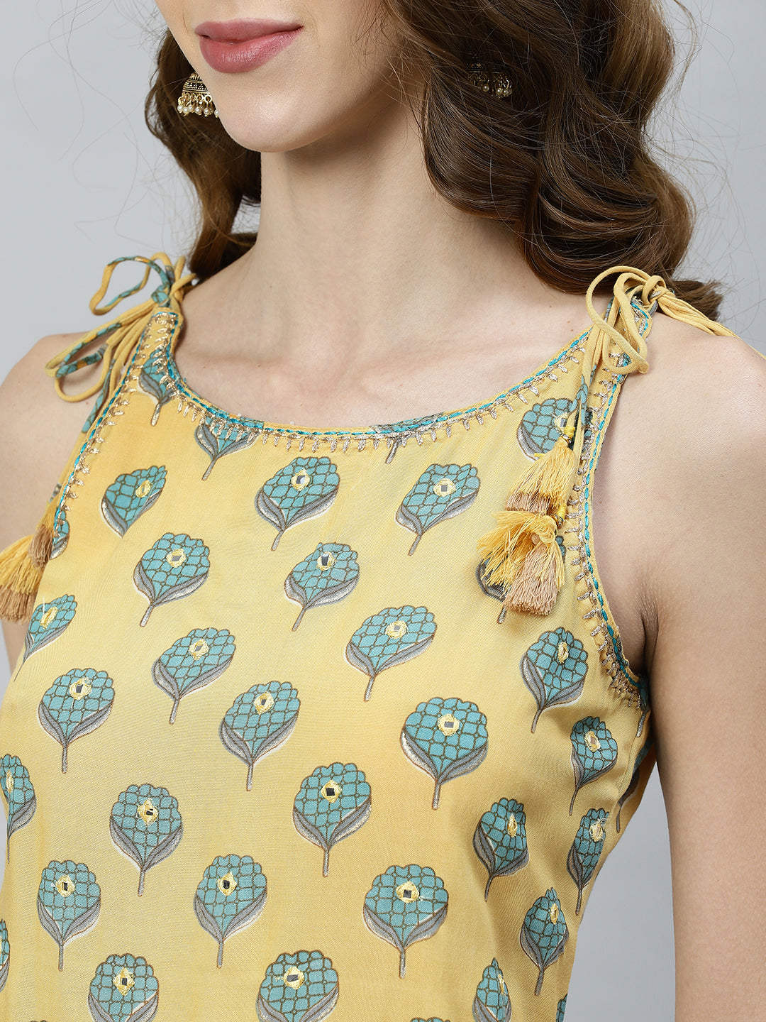 Ethnic Printed & Embroidered Straight Fit Kurta - Yellow