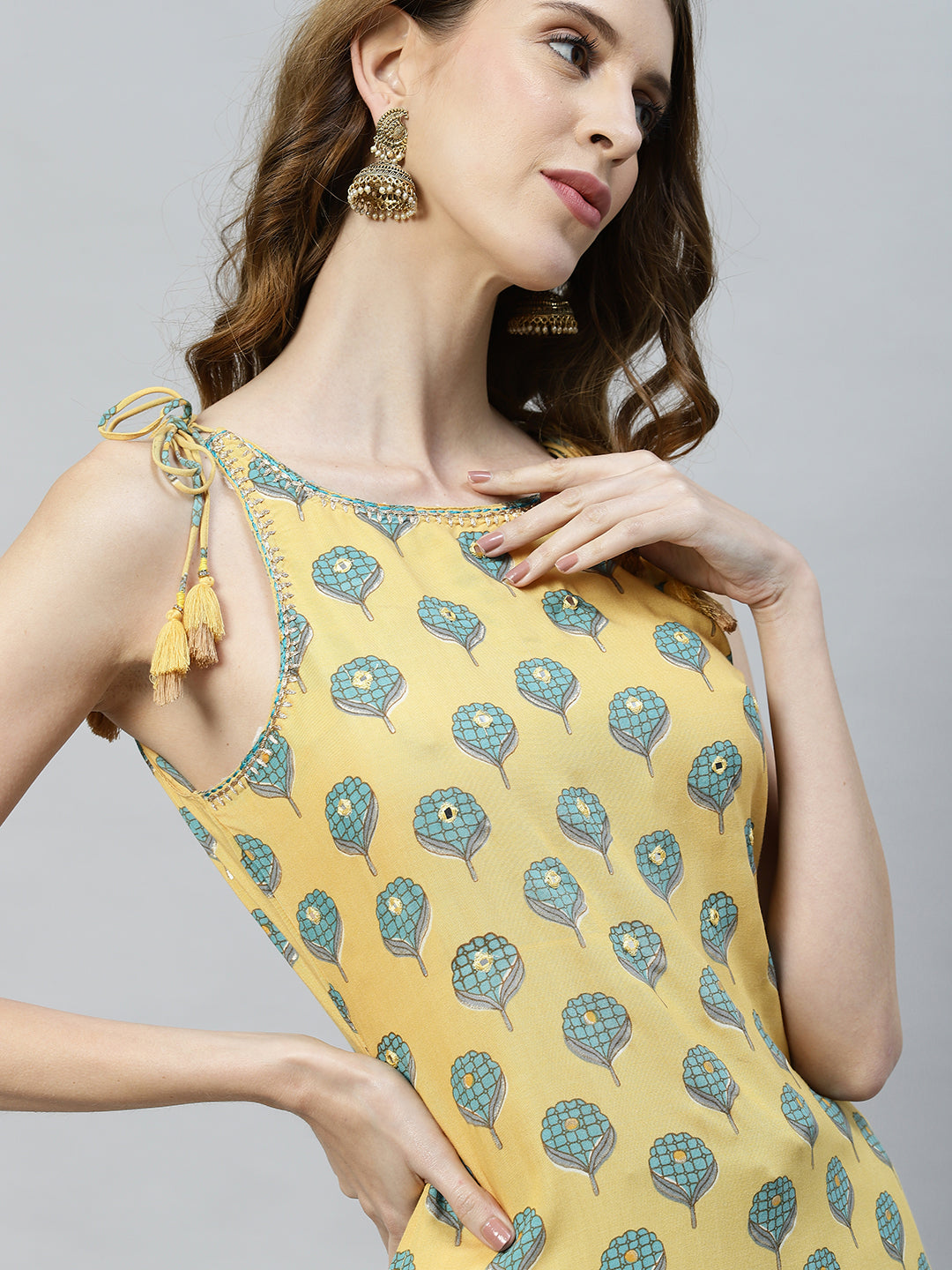 Ethnic Printed & Embroidered Straight Fit Kurta - Yellow