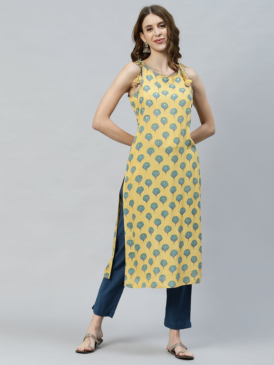 Ethnic Printed & Embroidered Straight Fit Kurta - Yellow