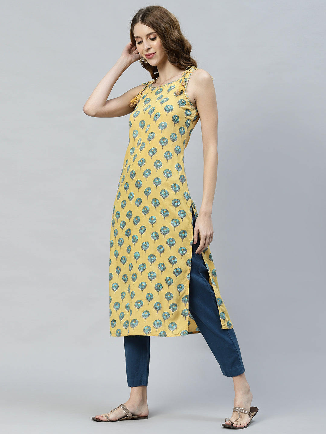 Ethnic Printed & Embroidered Straight Fit Kurta - Yellow