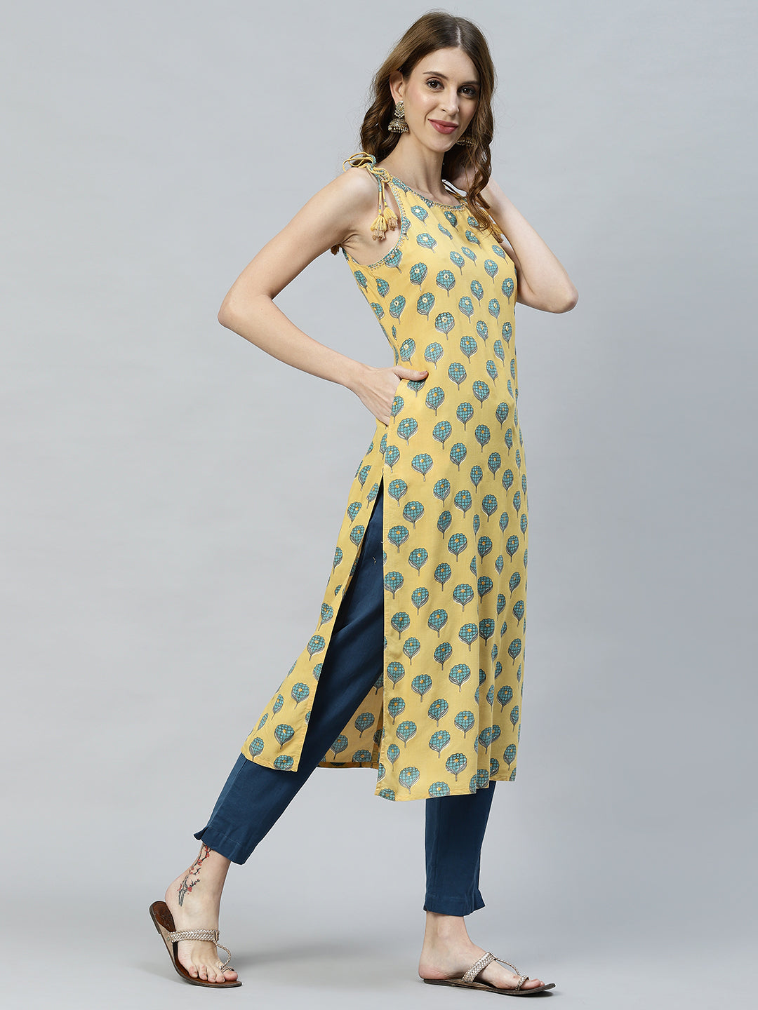Ethnic Printed & Embroidered Straight Fit Kurta - Yellow