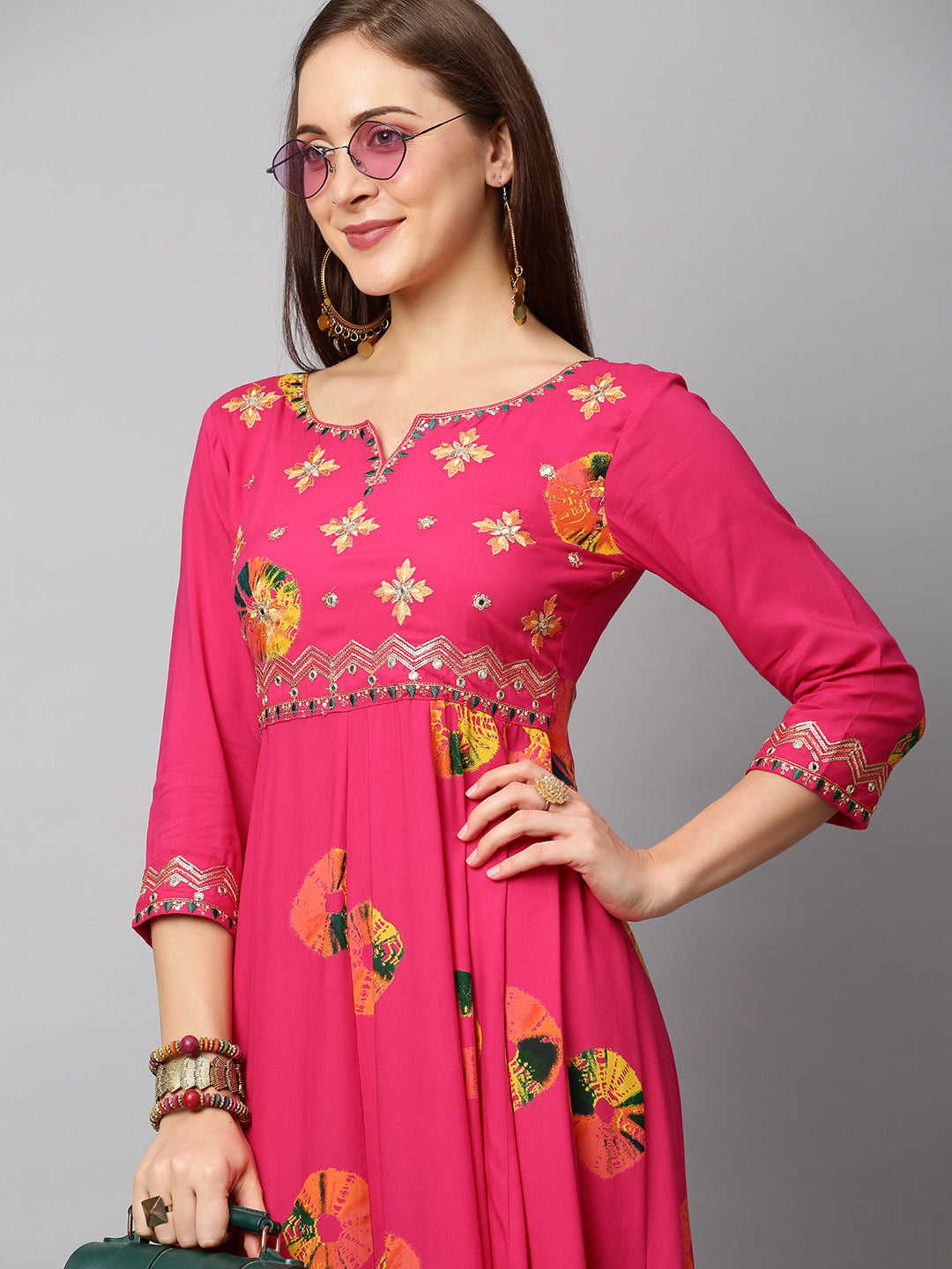 Ethnic Printed & Embroidered Anarkali Flared Midi Dress - Hot Pink
