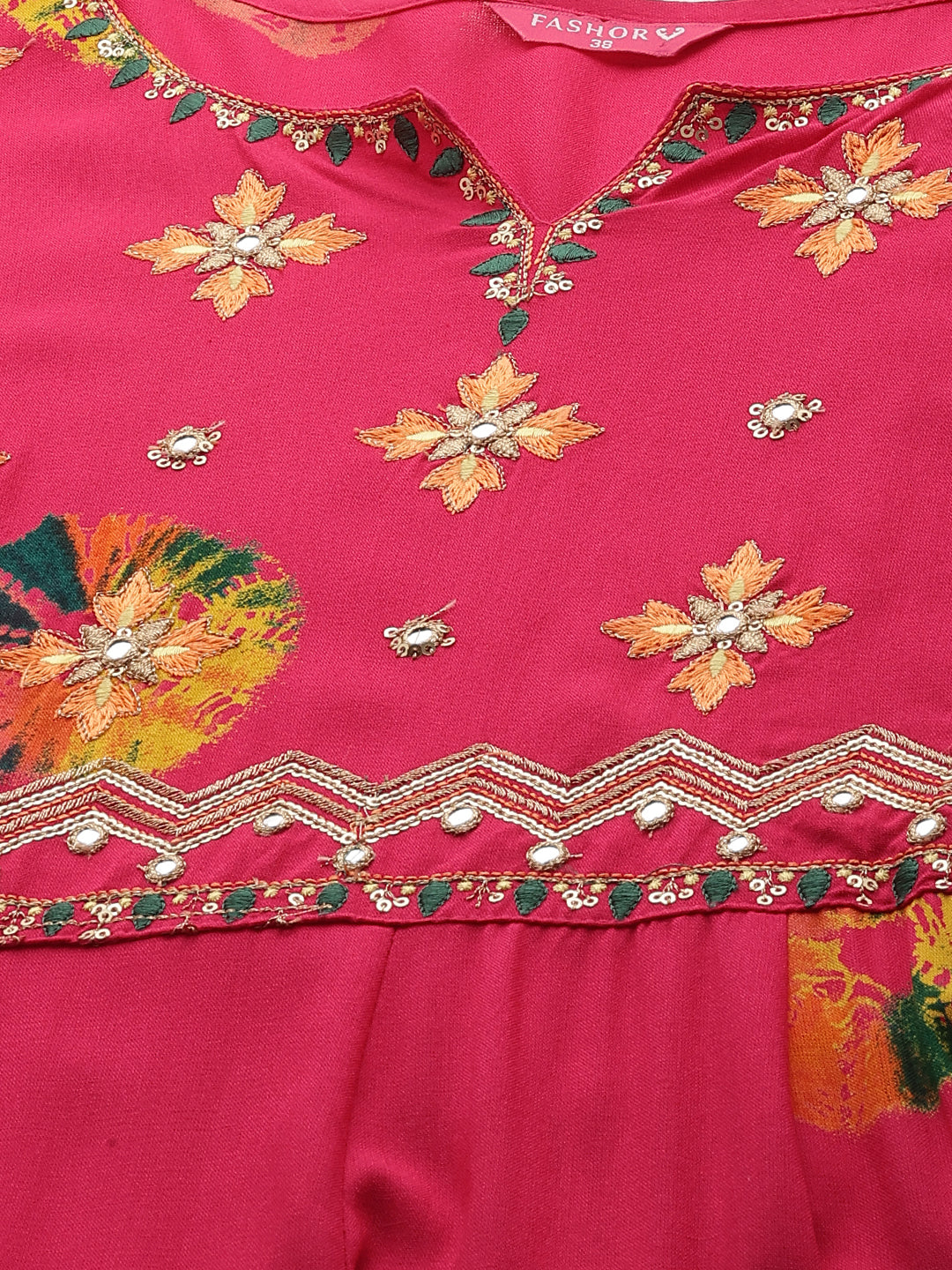 Ethnic Printed & Embroidered Anarkali Flared Midi Dress - Hot Pink