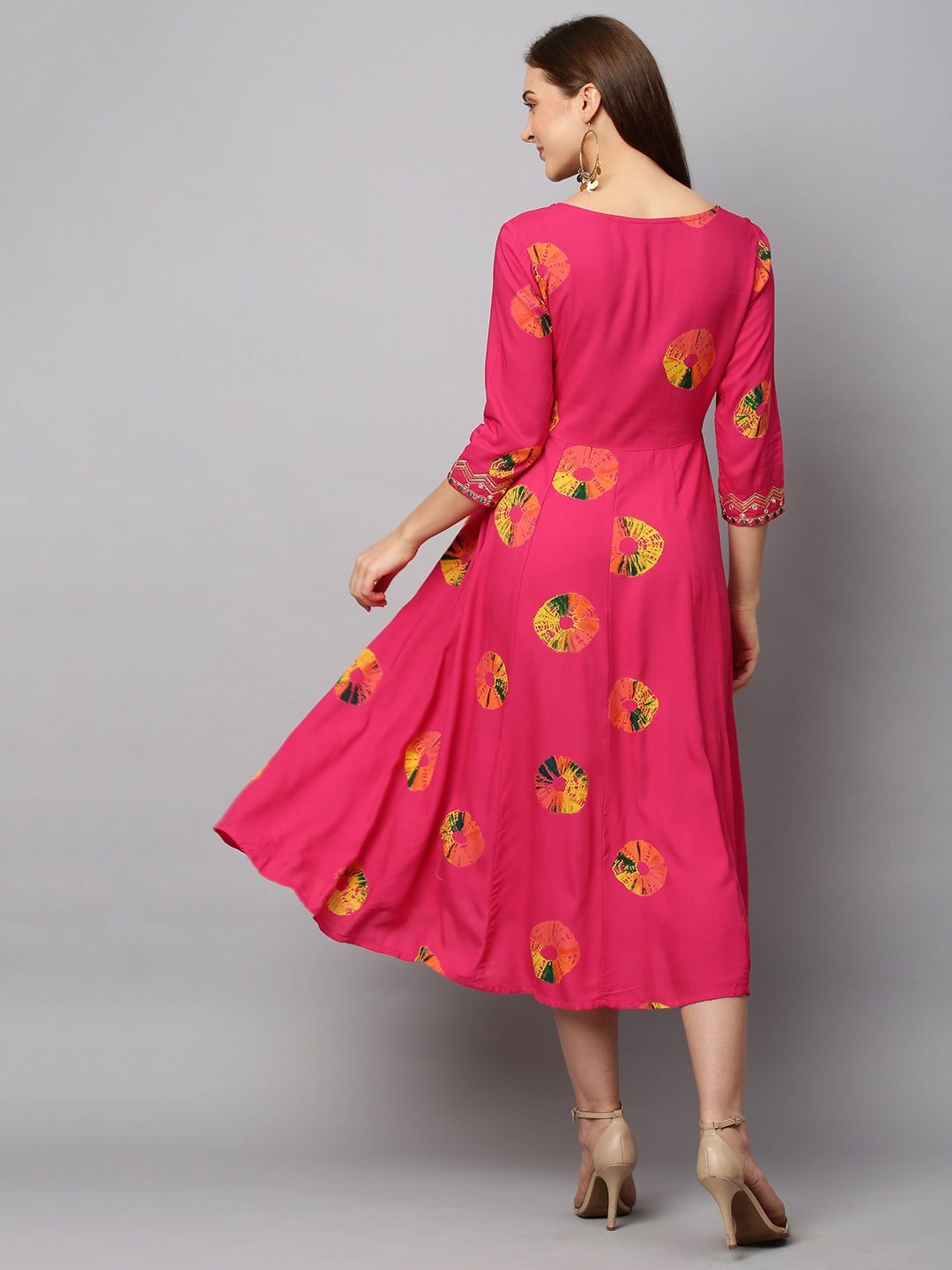 Ethnic Printed & Embroidered Anarkali Flared Midi Dress - Hot Pink