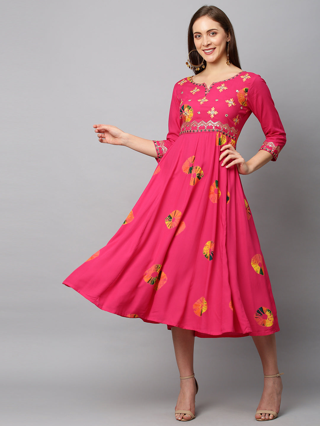 Ethnic Printed & Embroidered Anarkali Flared Midi Dress - Hot Pink