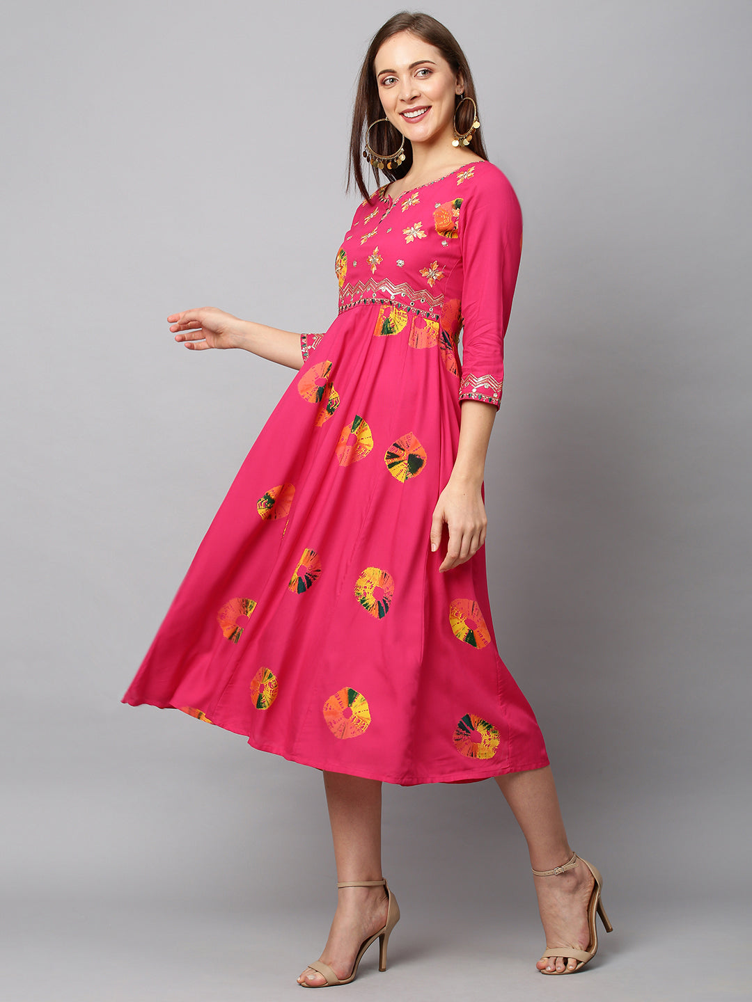 Ethnic Printed & Embroidered Anarkali Flared Midi Dress - Hot Pink