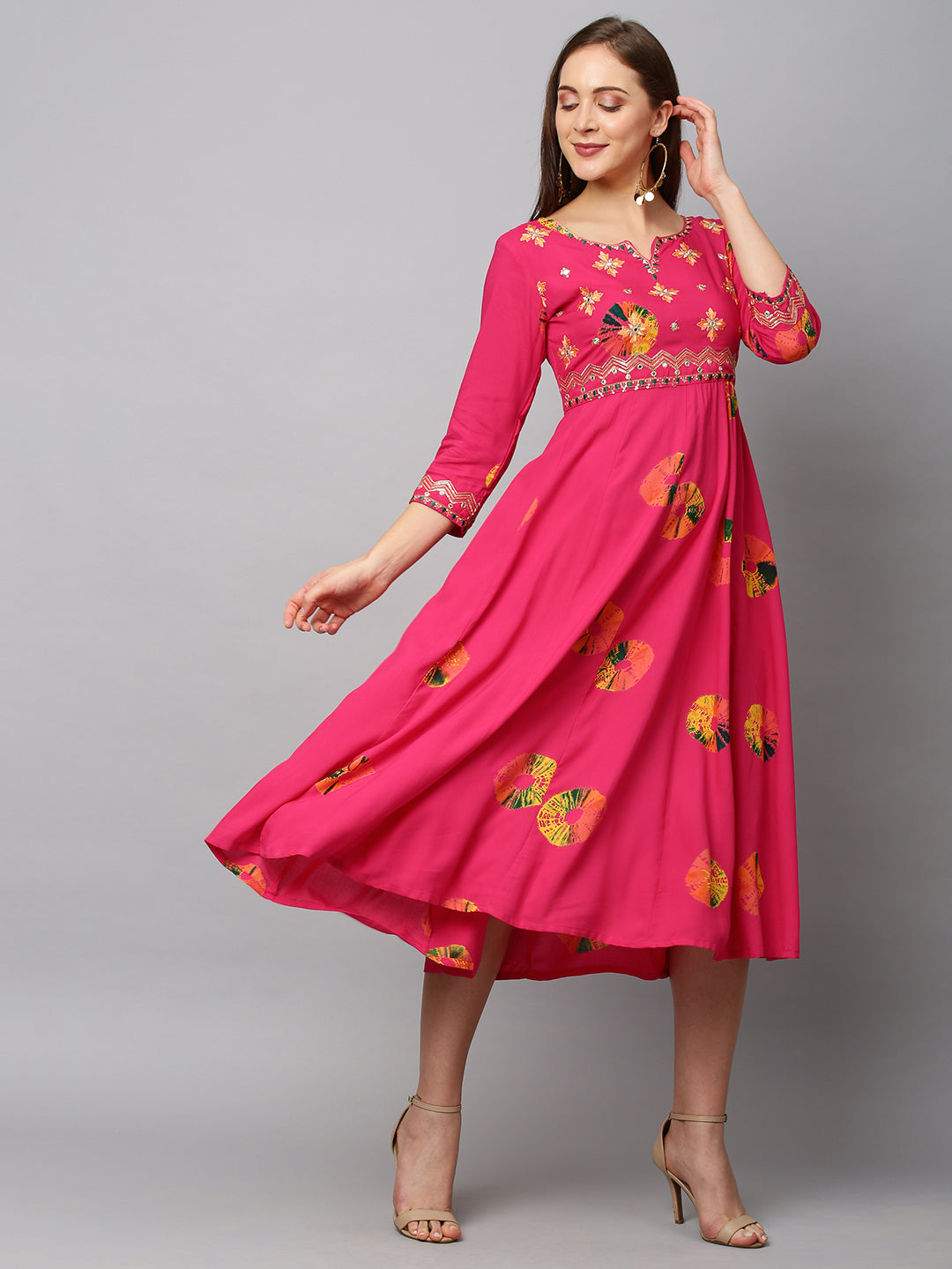 Ethnic Printed & Embroidered Anarkali Flared Midi Dress - Hot Pink
