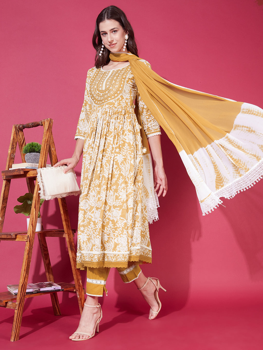 Floral Printed & Embroidered Flared Kurta with Pants & Dupatta - Mustard