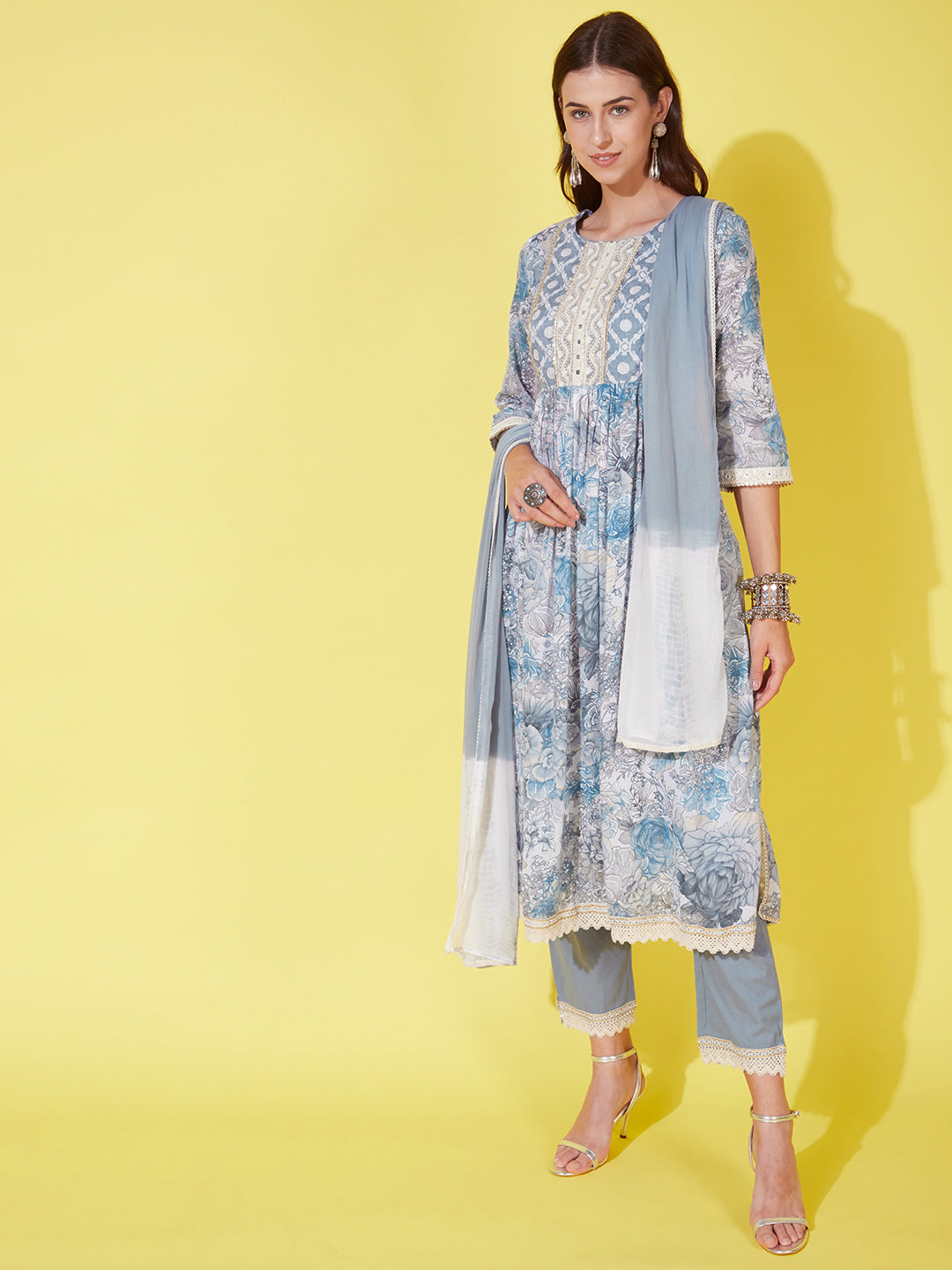 Floral Printed & Embroidered A-Line Kurta with Pants & Dupatta - Powder Blue