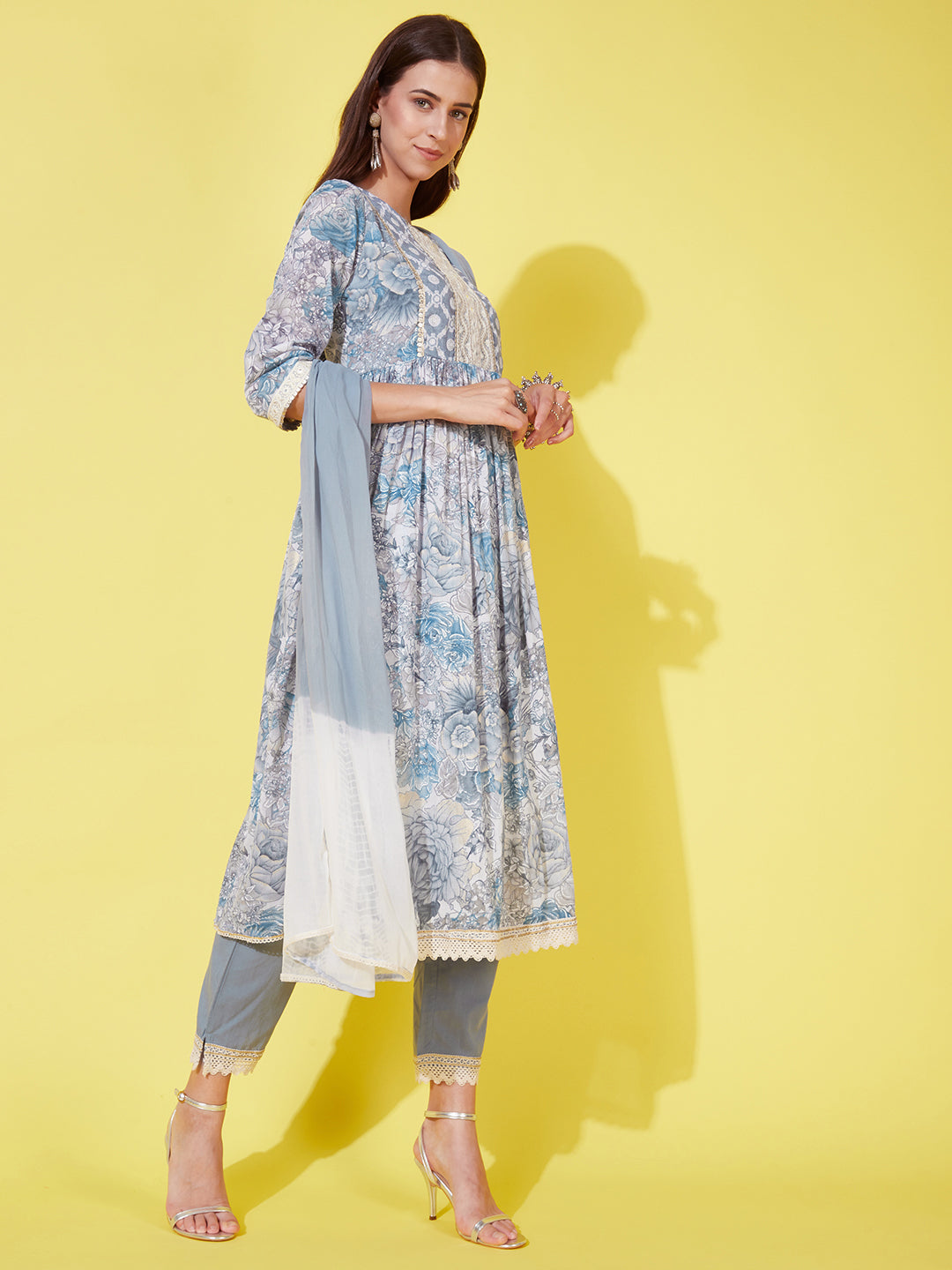 Floral Printed & Embroidered A-Line Kurta with Pants & Dupatta - Powder Blue