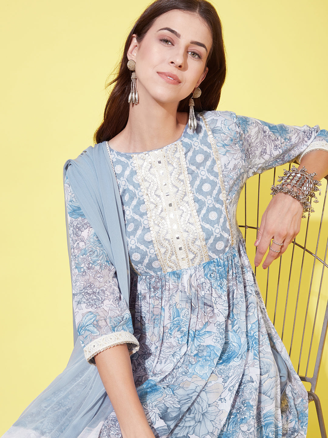 Floral Printed & Embroidered A-Line Kurta with Pants & Dupatta - Powder Blue