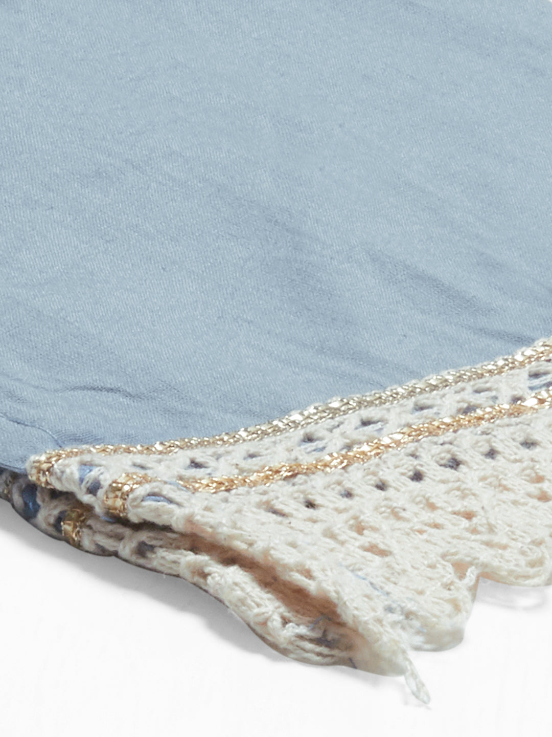 Floral Printed & Embroidered A-Line Kurta with Pants & Dupatta - Powder Blue