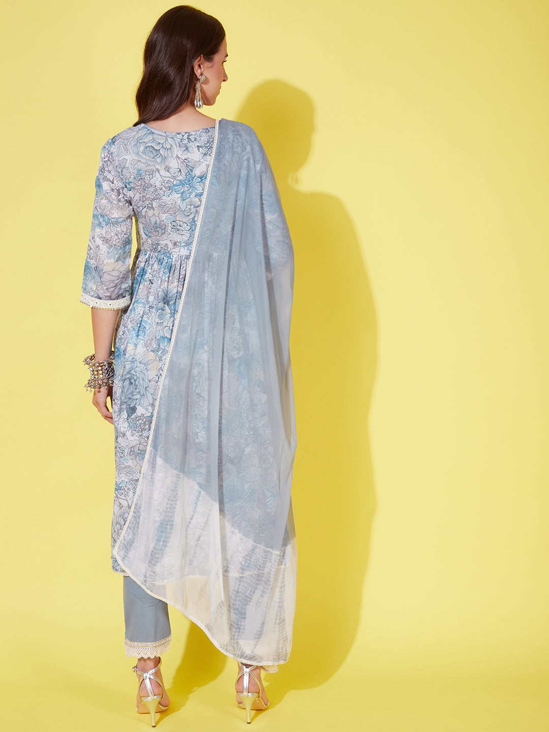 Floral Printed & Embroidered A-Line Kurta with Pants & Dupatta - Powder Blue