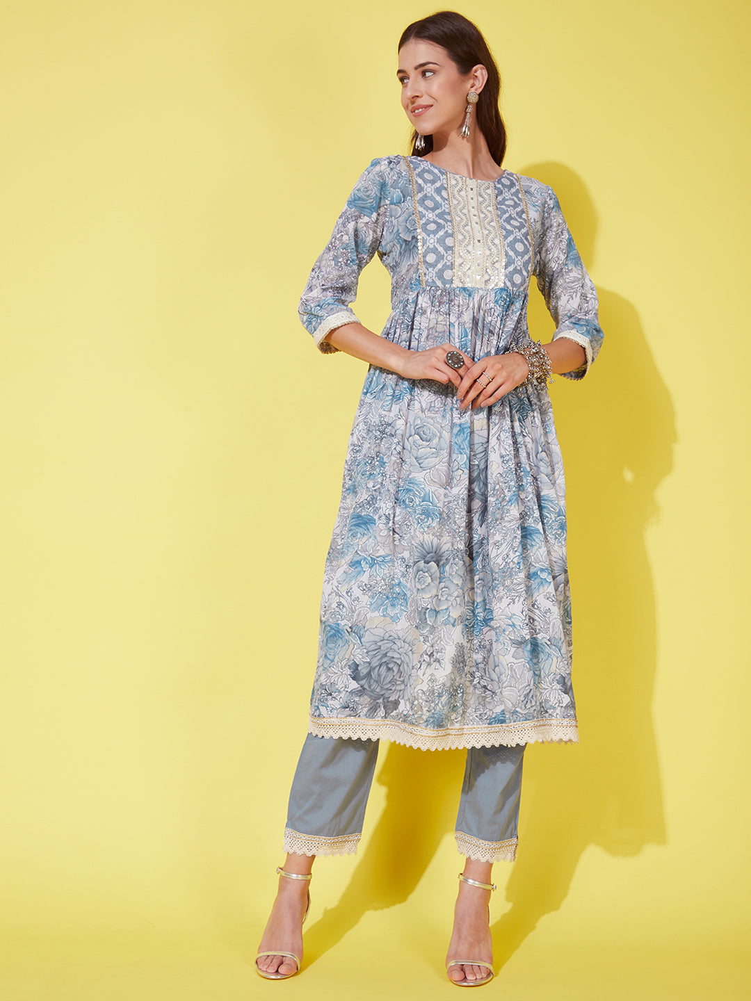 Floral Printed & Embroidered A-Line Kurta with Pants & Dupatta - Powder Blue