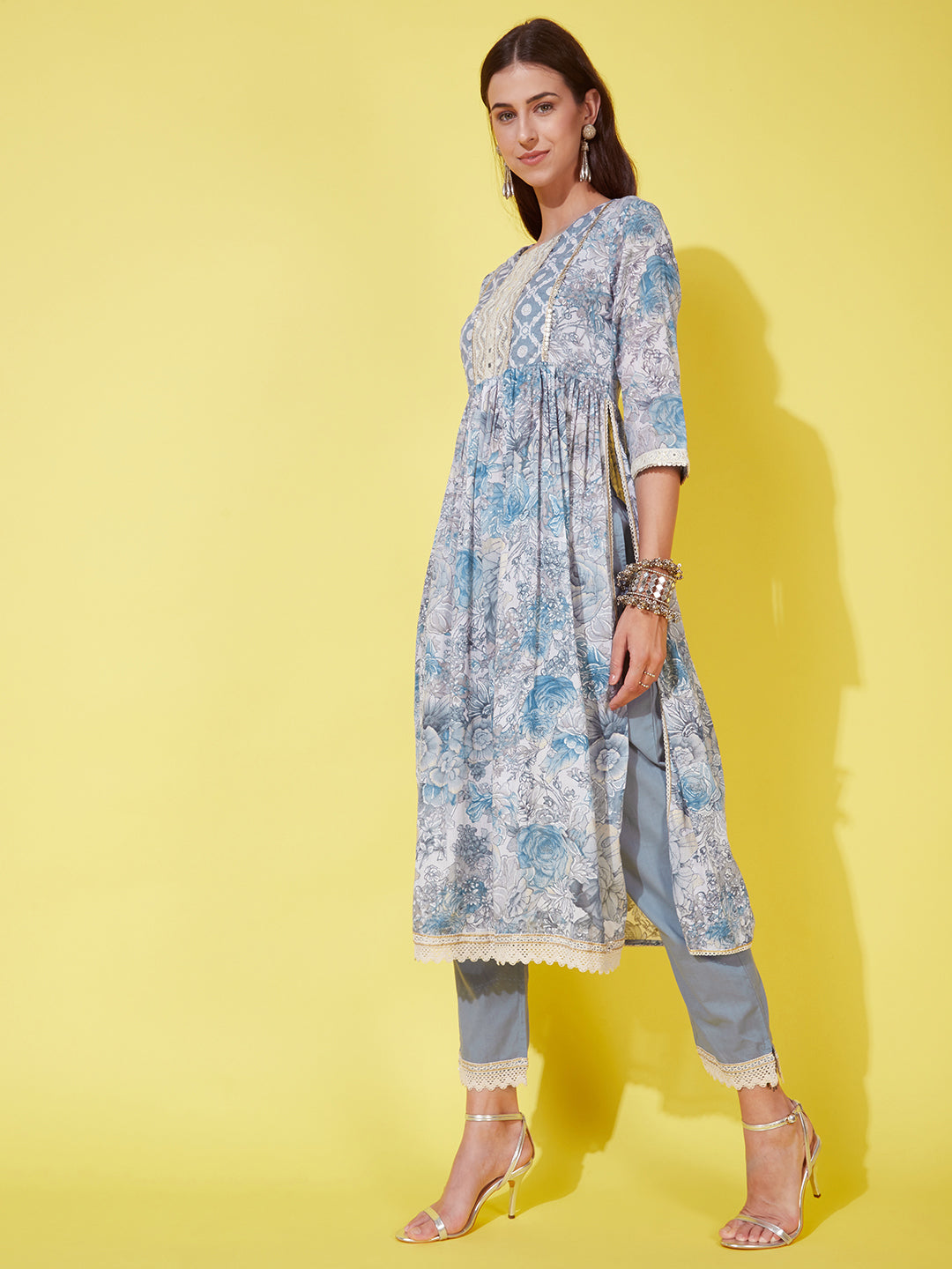 Floral Printed & Embroidered A-Line Kurta with Pants & Dupatta - Powder Blue