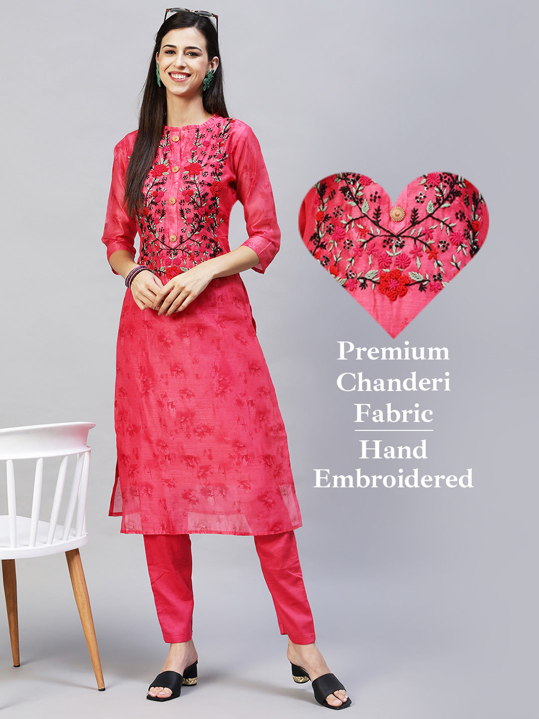 Abstract Printed & Hand Embroidered Straight Kurta with Pants - Pink