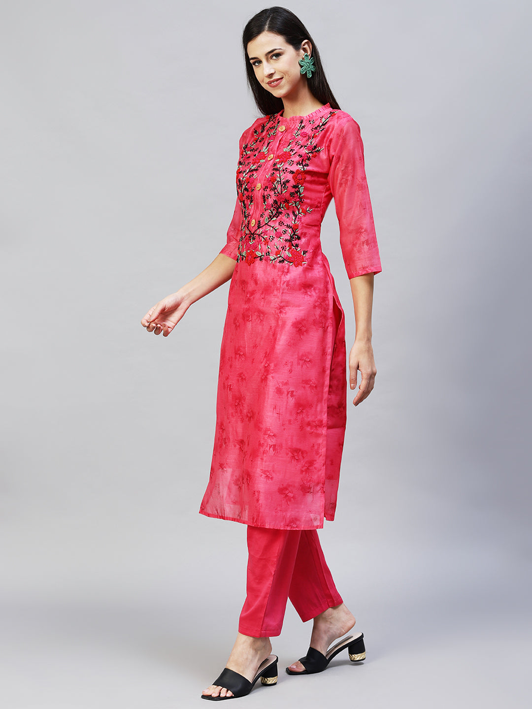 Abstract Printed & Hand Embroidered Straight Kurta with Pants - Pink