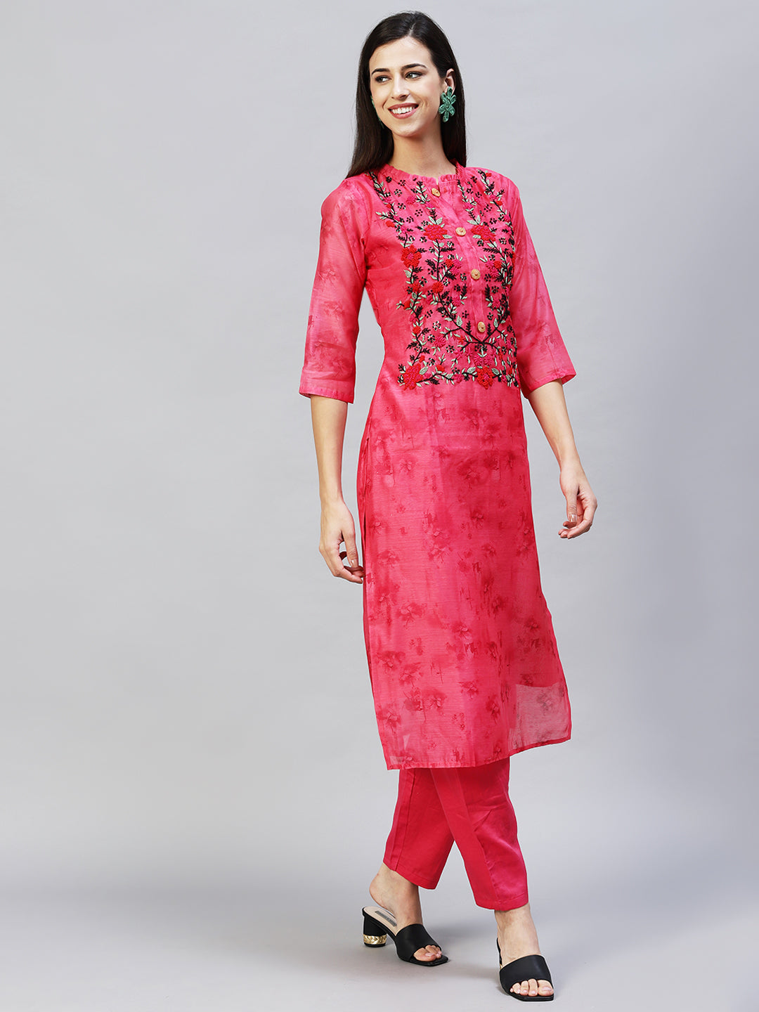 Abstract Printed & Hand Embroidered Straight Kurta with Pants - Pink