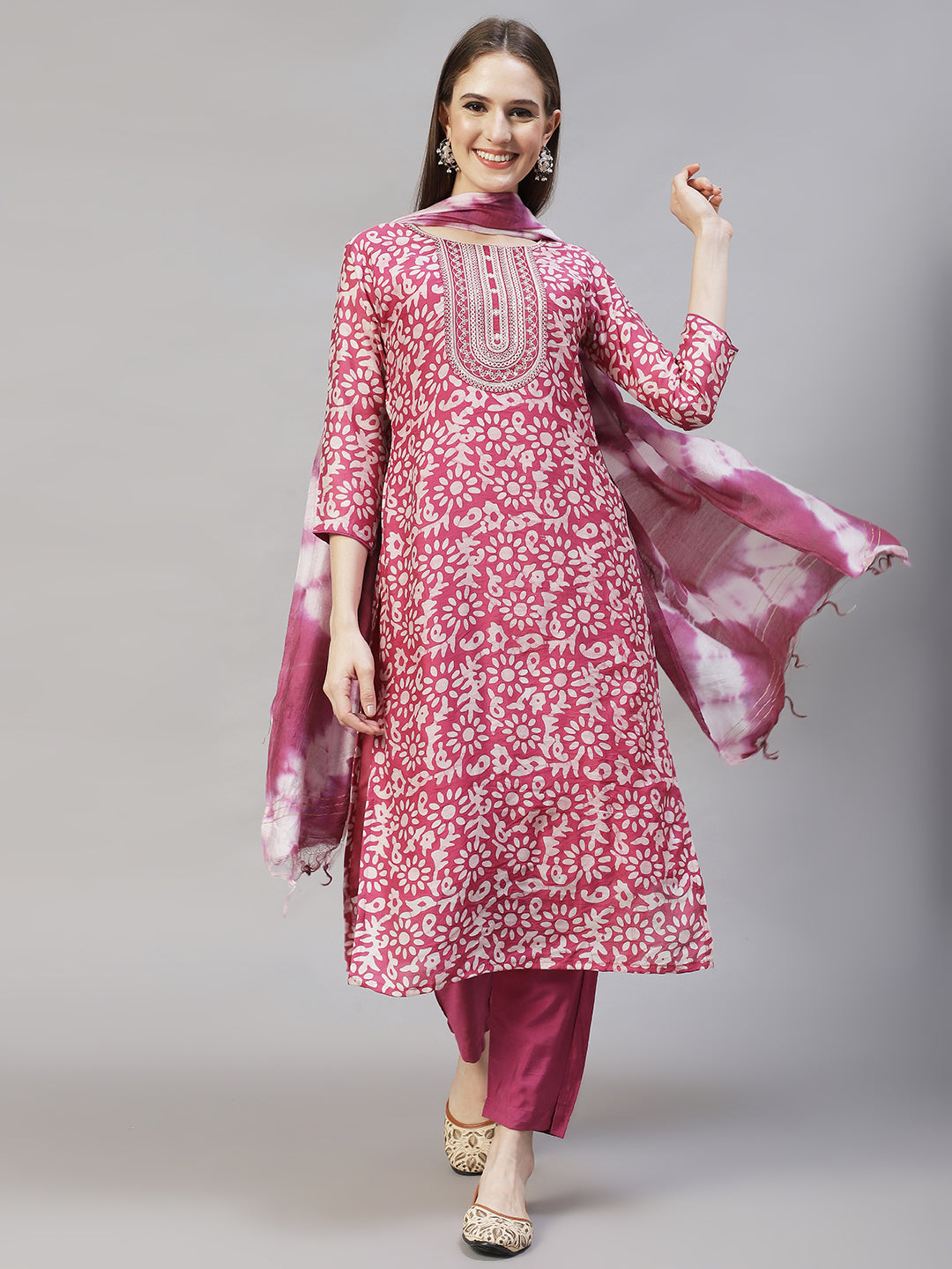 Ethnic Printed & Embroidered Kurta with Pants & Dupatta – Purple