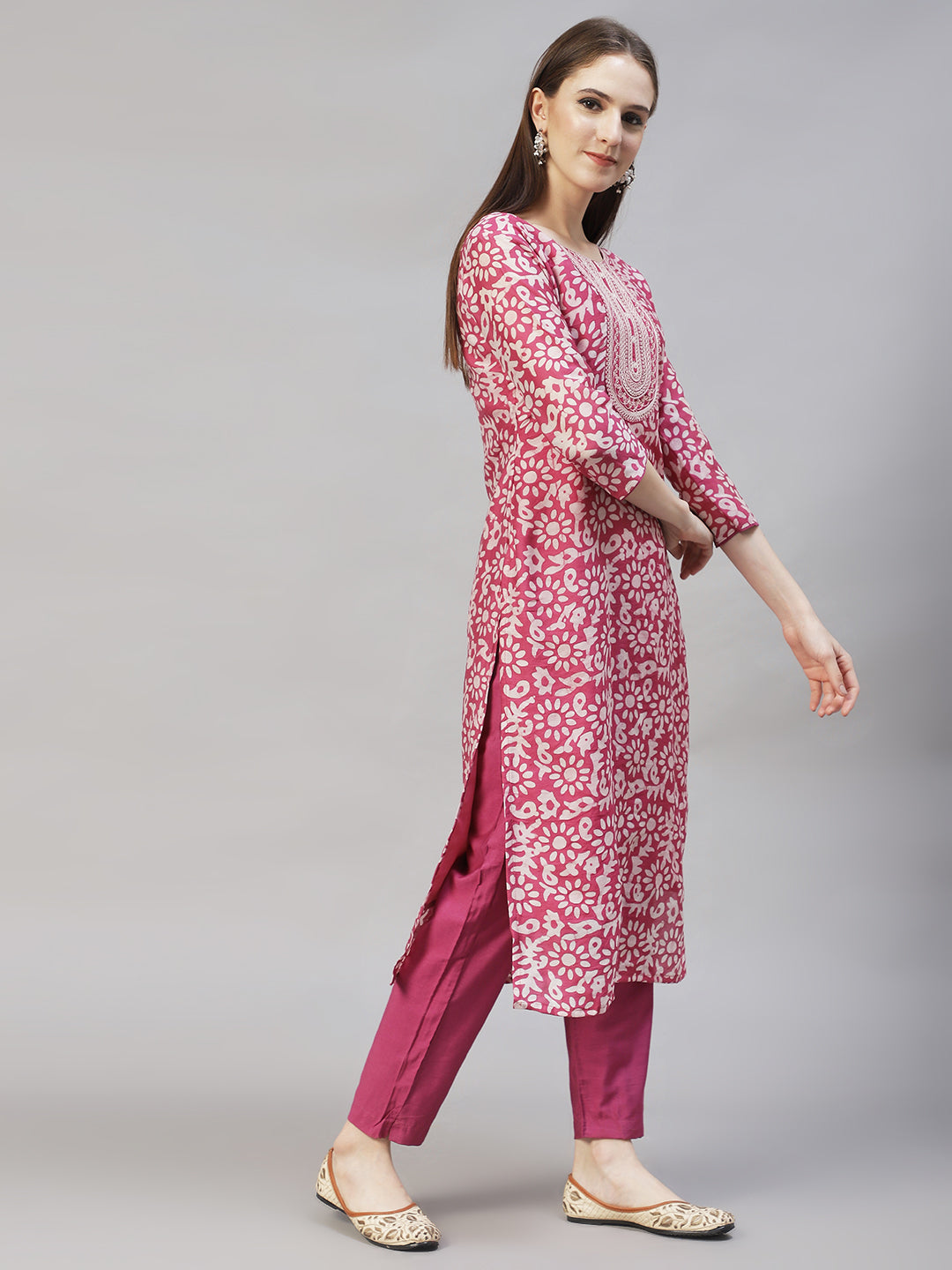 Ethnic Printed & Embroidered Kurta with Pants & Dupatta – Purple