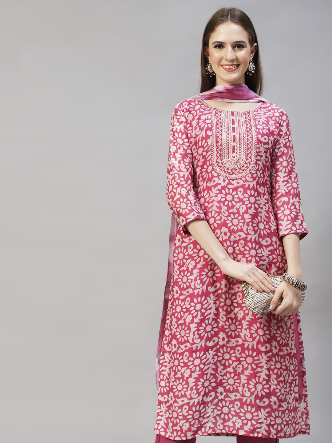 Ethnic Printed & Embroidered Kurta with Pants & Dupatta – Purple