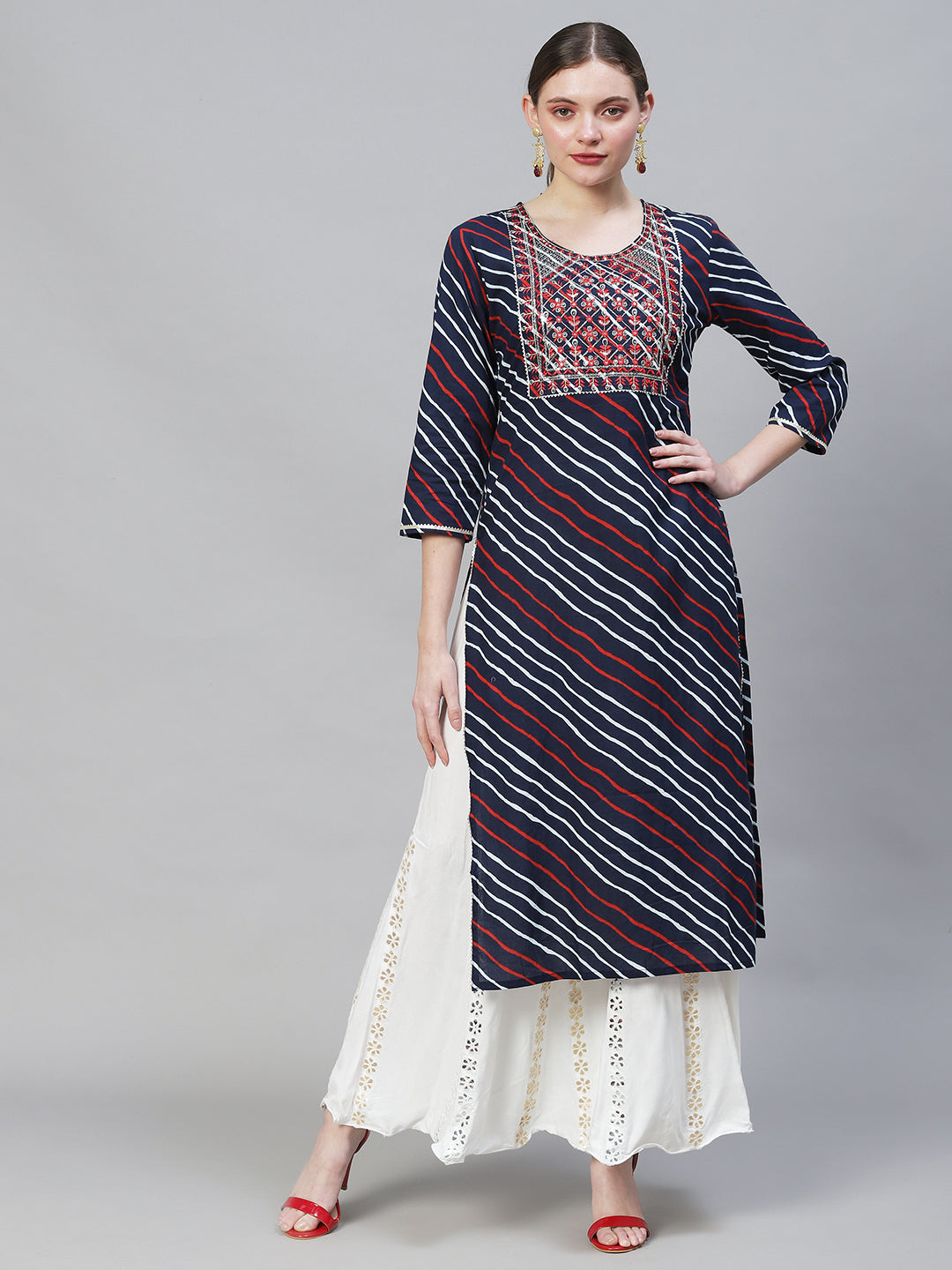 Leheriya Printed & Embroidered Straight Fit Kurta – Dark Blue
