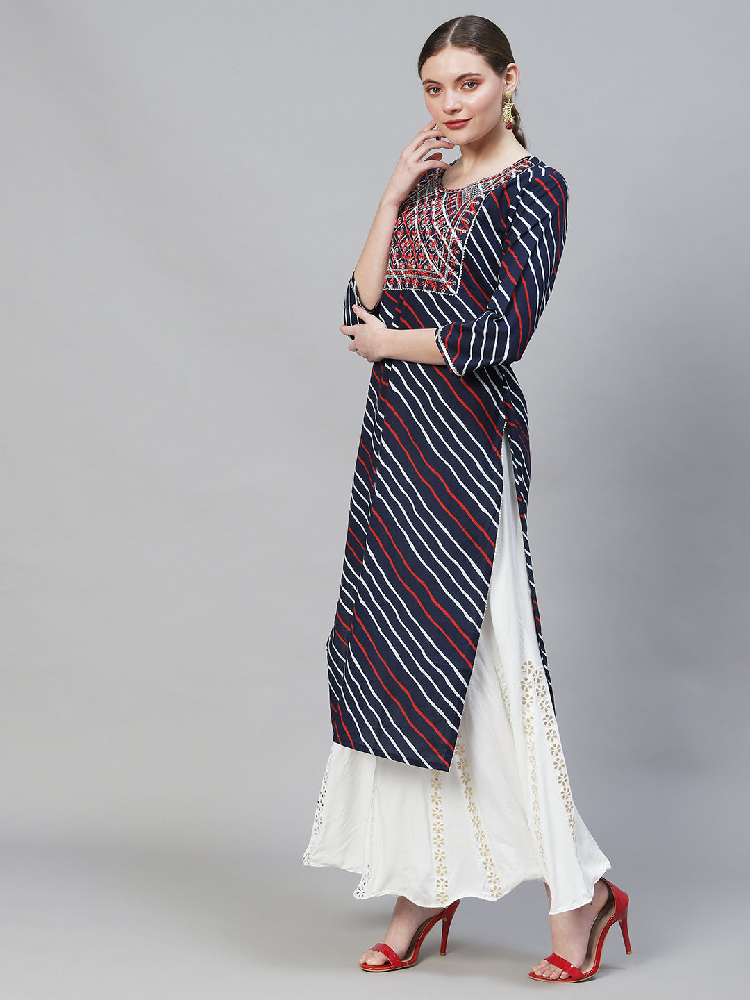 Leheriya Printed & Embroidered Straight Fit Kurta – Dark Blue