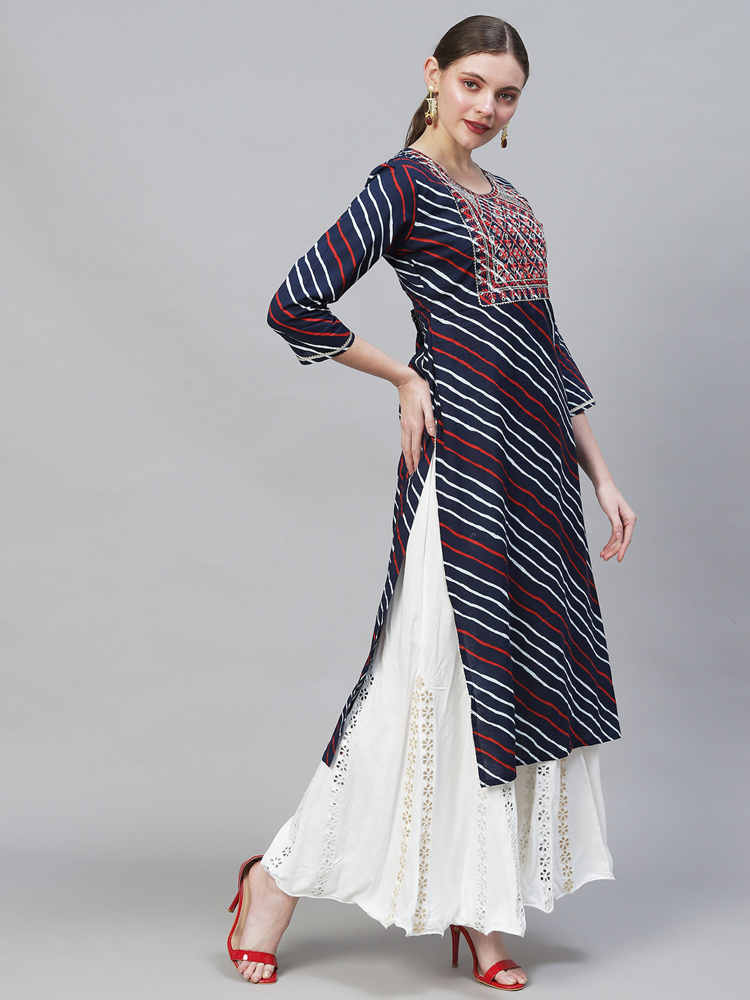 Leheriya Printed & Embroidered Straight Fit Kurta – Dark Blue