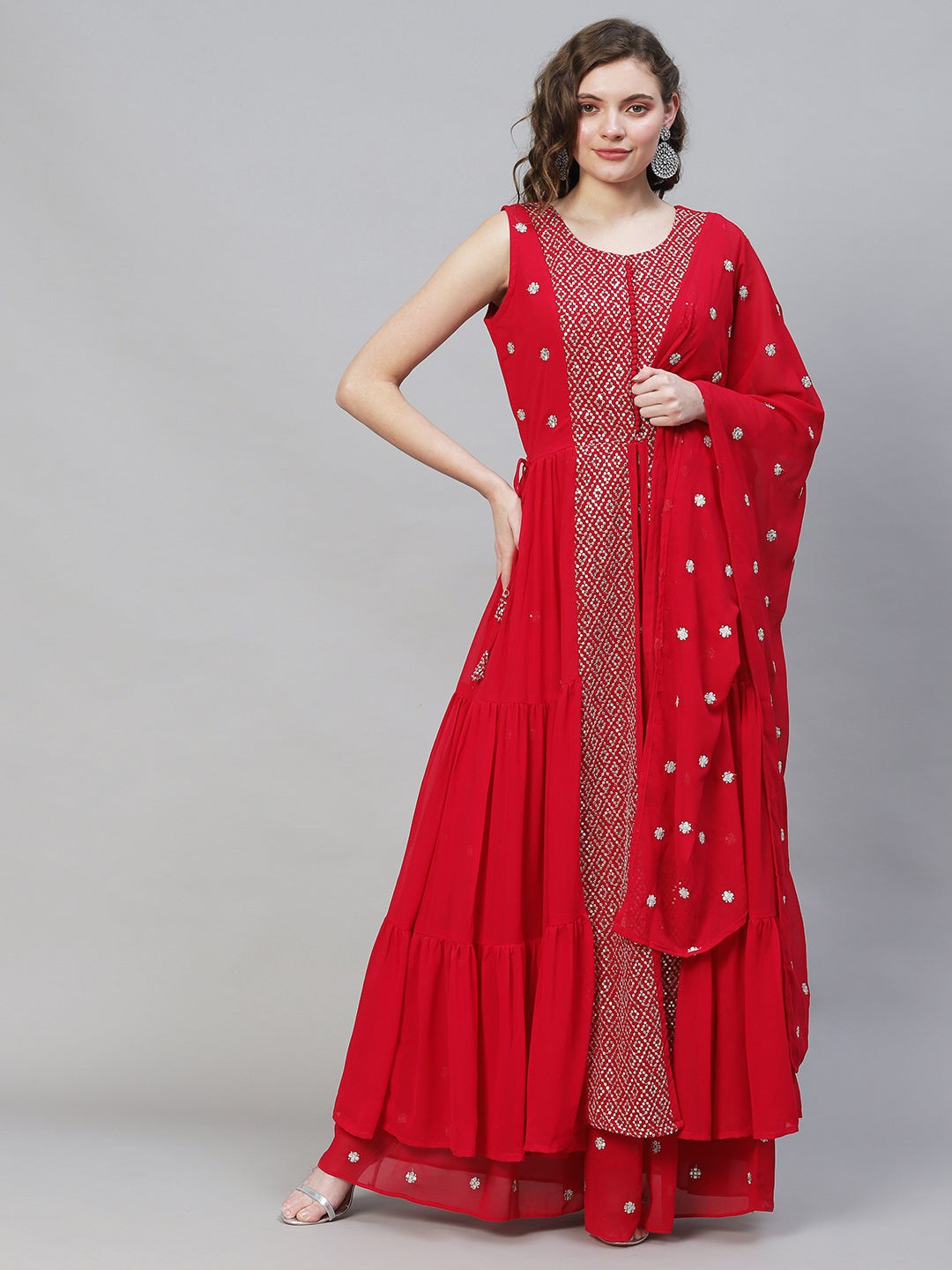 Solid Ethnic Embroidered A-Line Tiered Kurta with Palazzo & Dupatta - Fuchsia