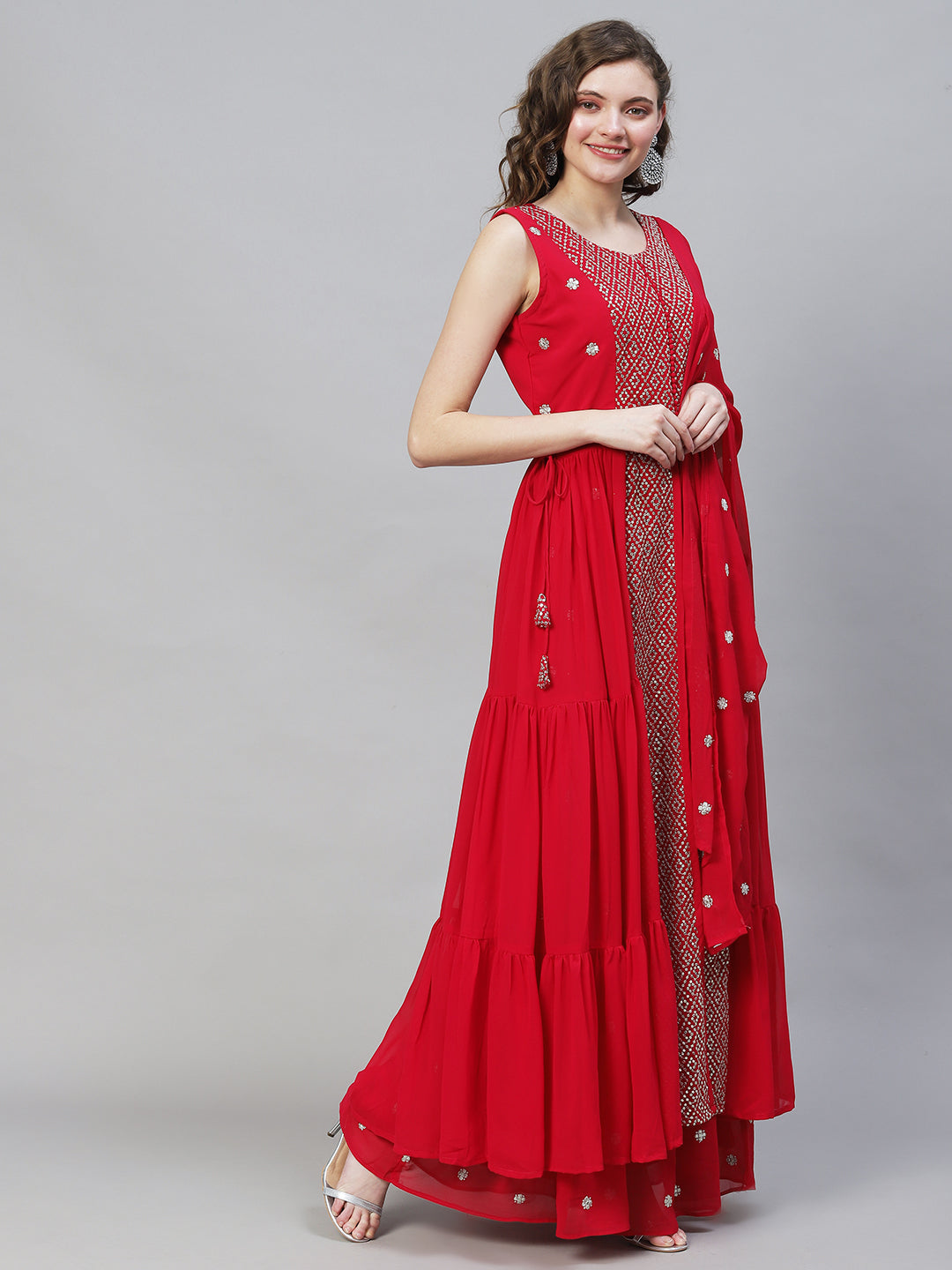 Solid Ethnic Embroidered A-Line Tiered Kurta with Palazzo & Dupatta - Fuchsia
