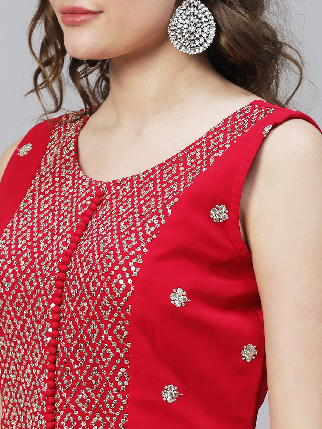 Solid Ethnic Embroidered A-Line Tiered Kurta with Palazzo & Dupatta - Fuchsia