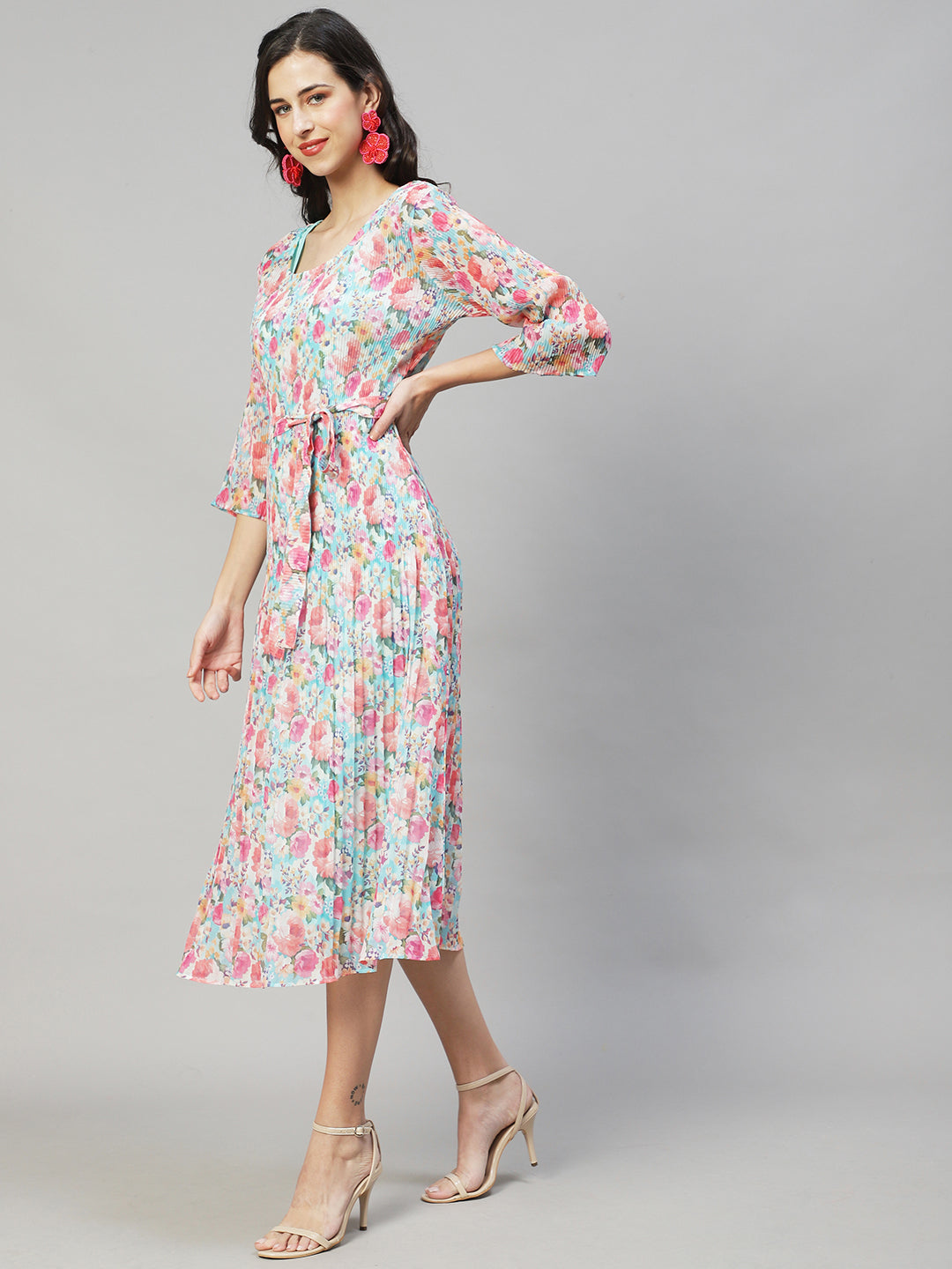 Floral Printed A-Line Midi Dress - Multi