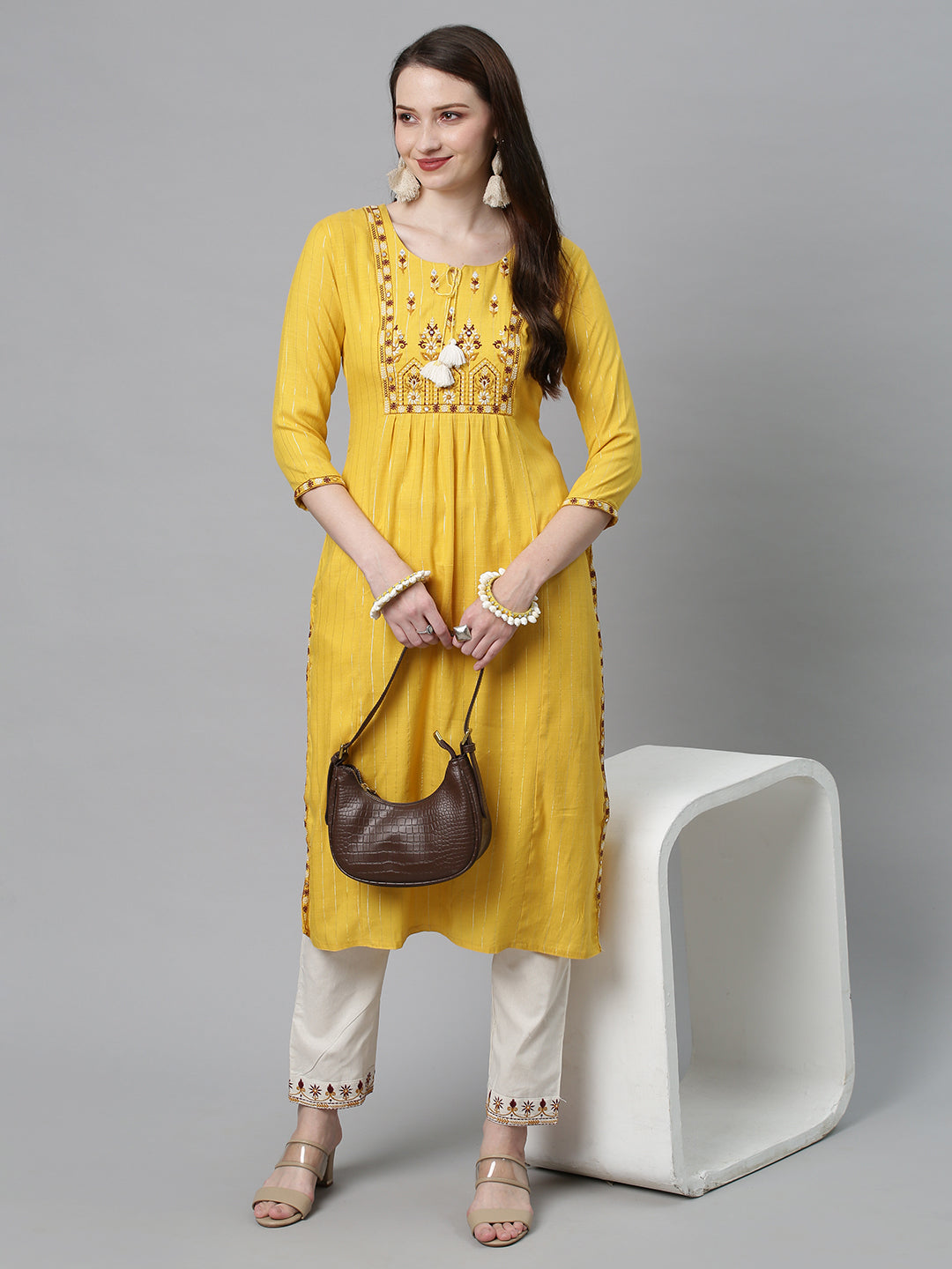Ethnic Embroidered Straight Fit Kurta with Pants - Yellow