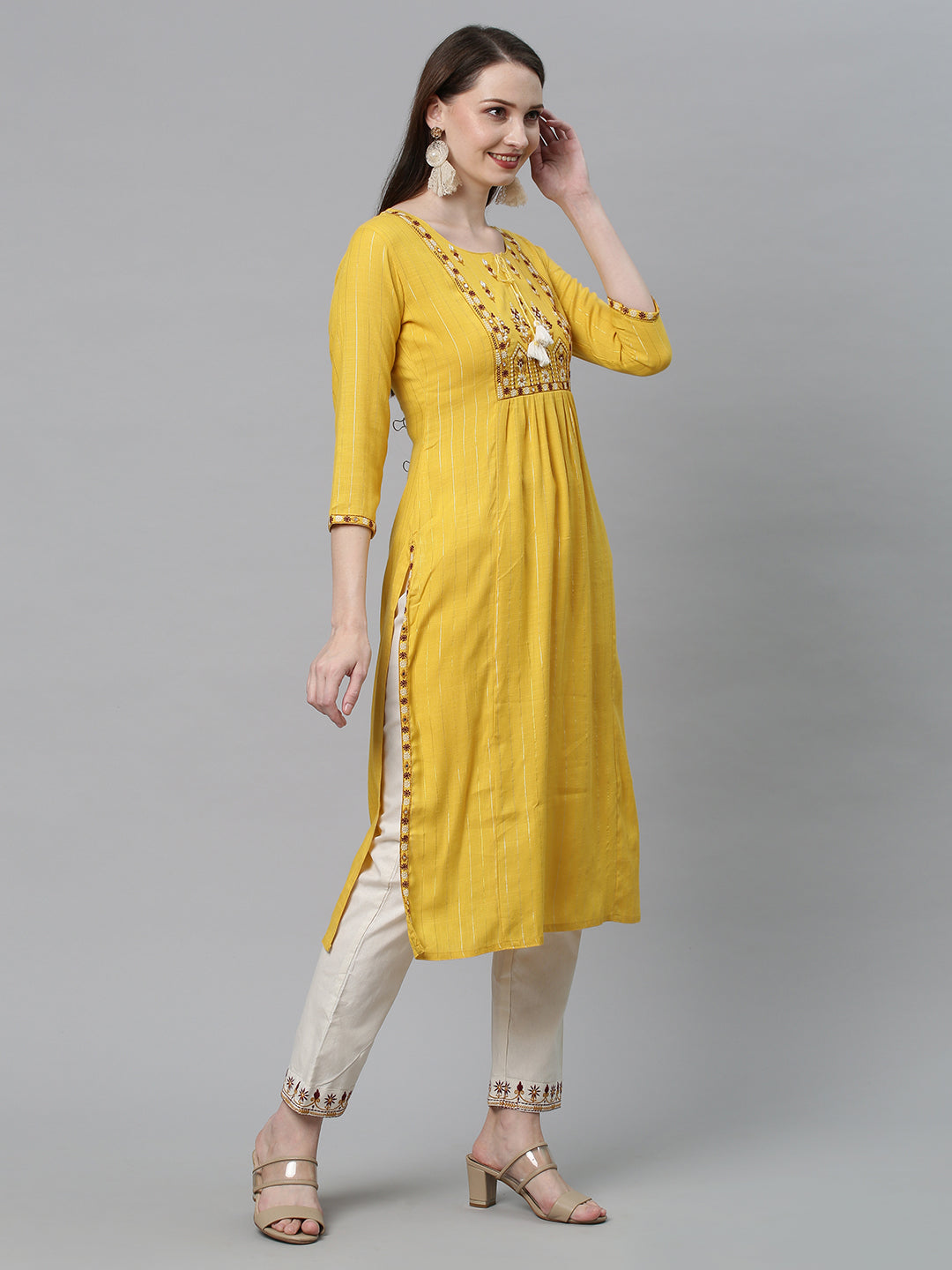Ethnic Embroidered Straight Fit Kurta with Pants - Yellow