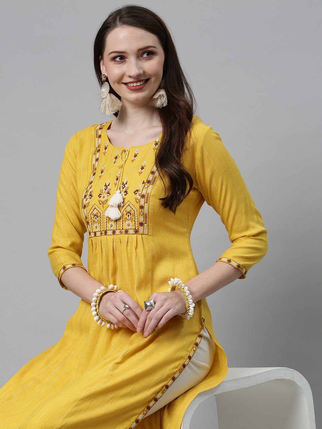 Ethnic Embroidered Straight Fit Kurta with Pants - Yellow