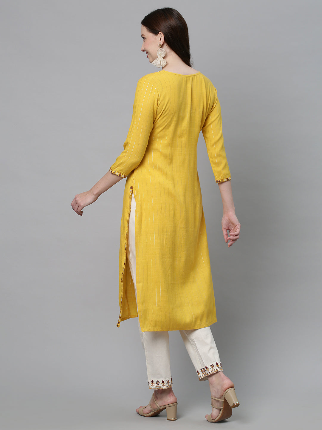 Ethnic Embroidered Straight Fit Kurta with Pants - Yellow