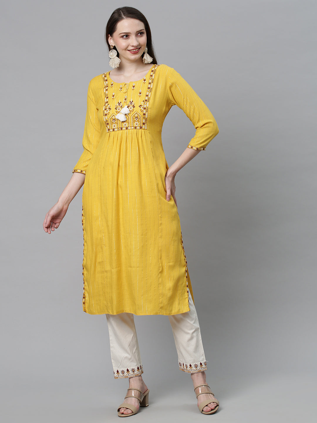 Ethnic Embroidered Straight Fit Kurta with Pants - Yellow