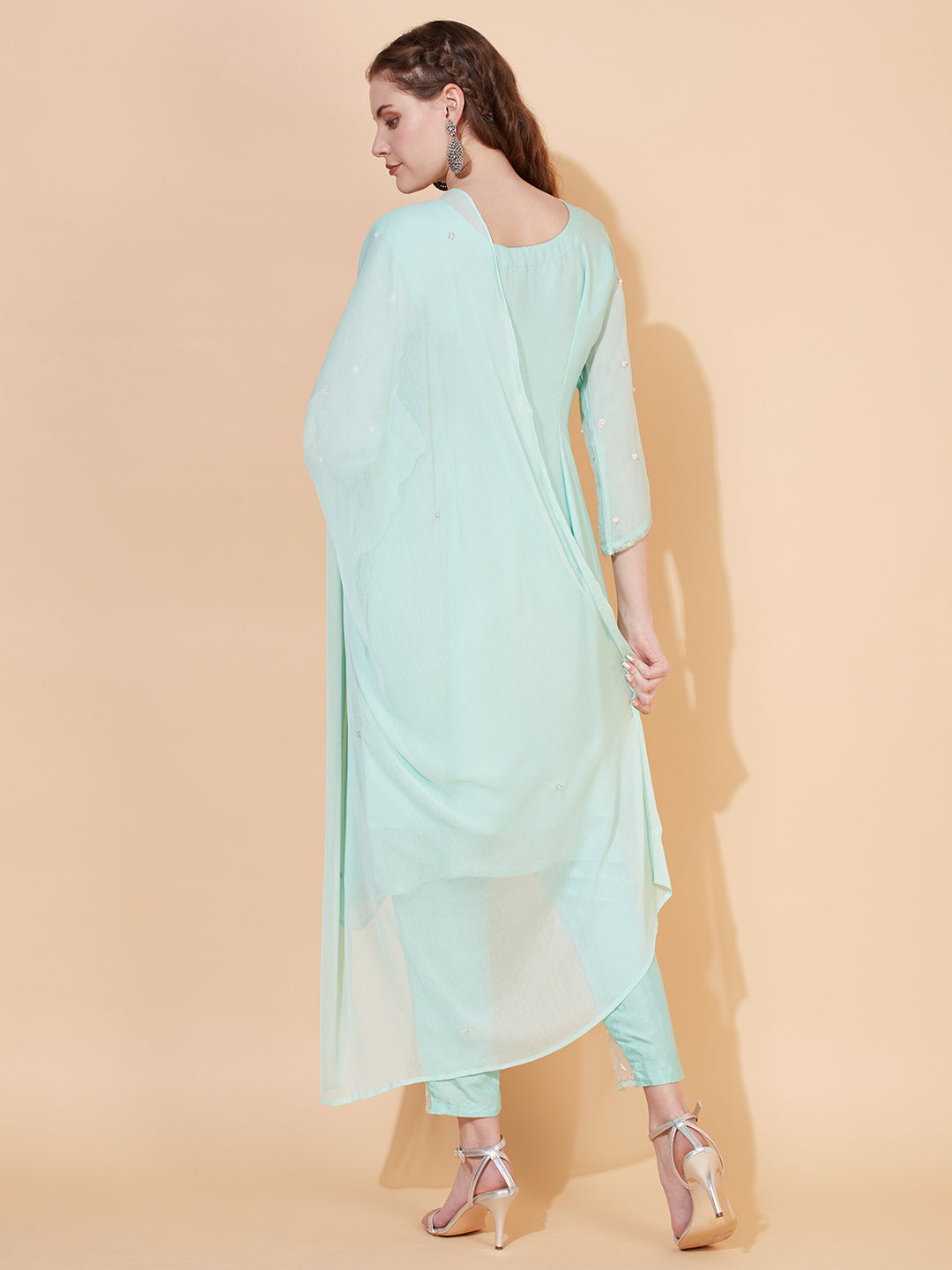 Ethnic Hand Embroidered Straight Kurta with Pants & Dupatta - Mint Green