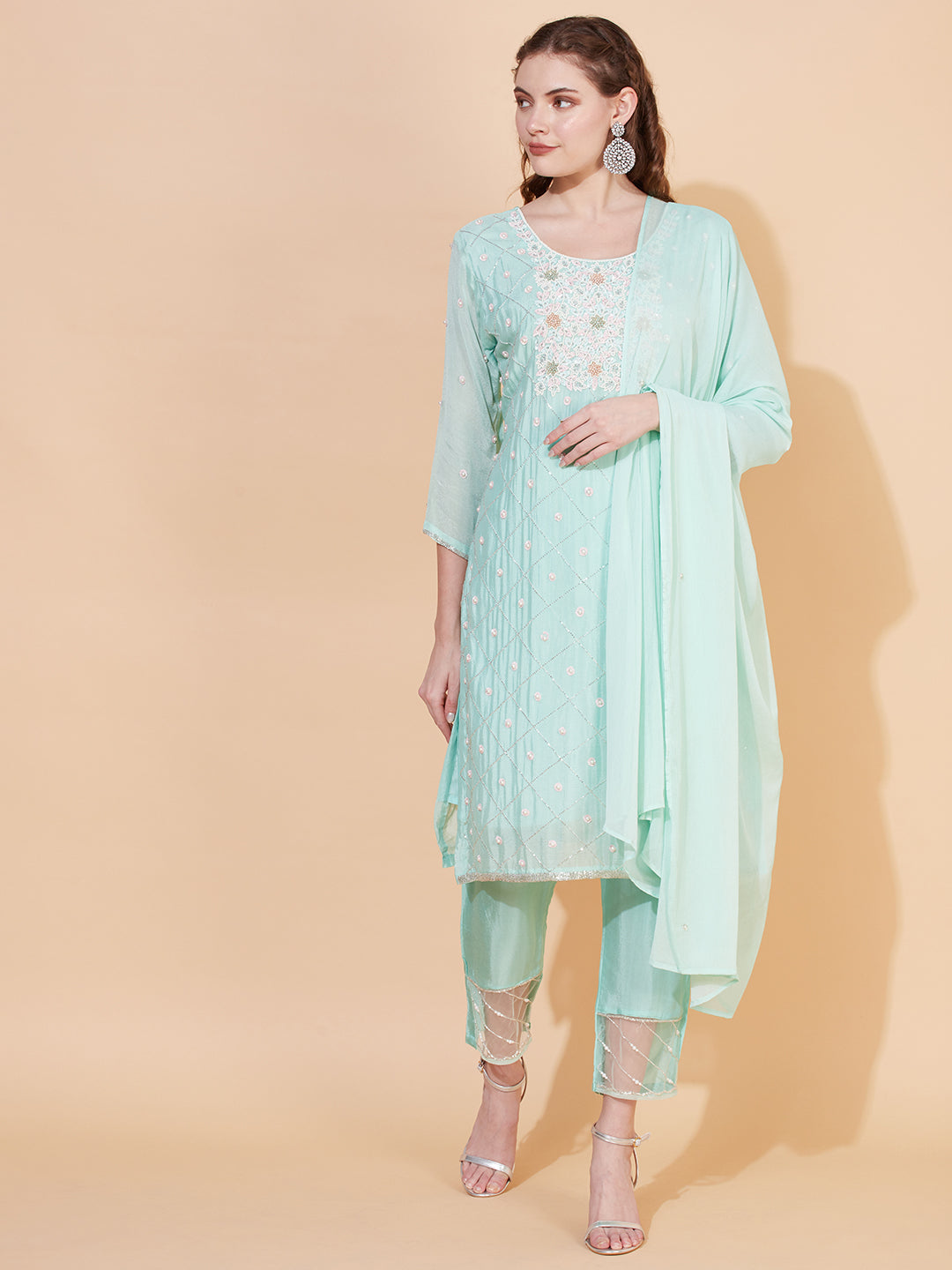 Ethnic Hand Embroidered Straight Kurta with Pants & Dupatta - Mint Green