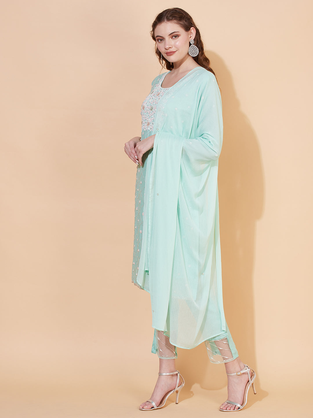 Ethnic Hand Embroidered Straight Kurta with Pants & Dupatta - Mint Green