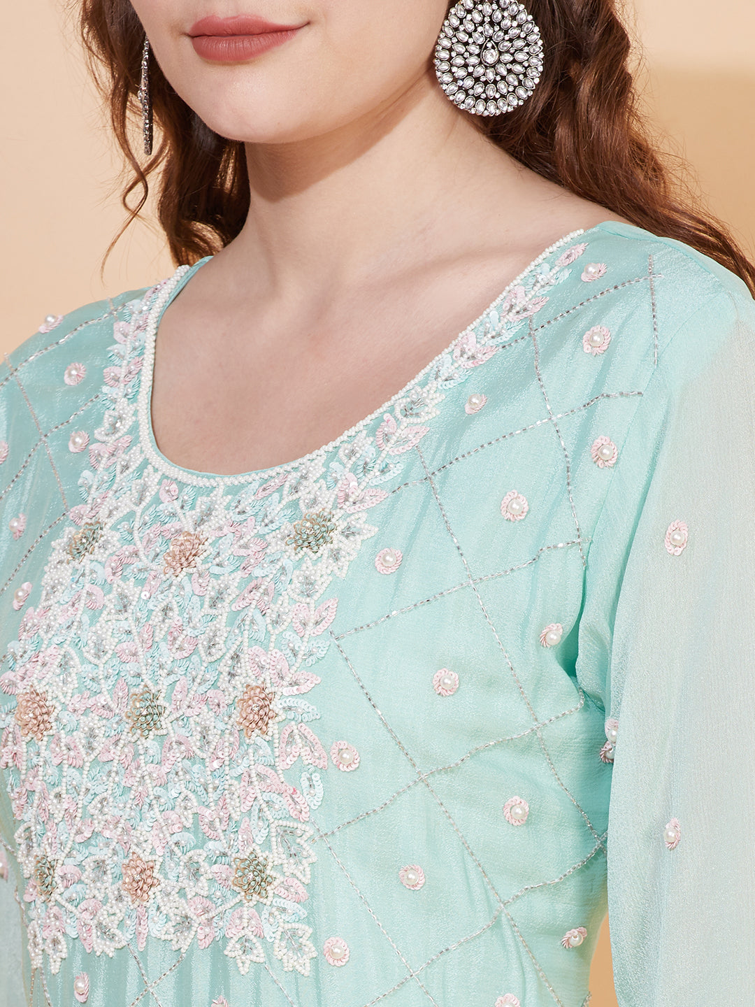 Ethnic Hand Embroidered Straight Kurta with Pants & Dupatta - Mint Green
