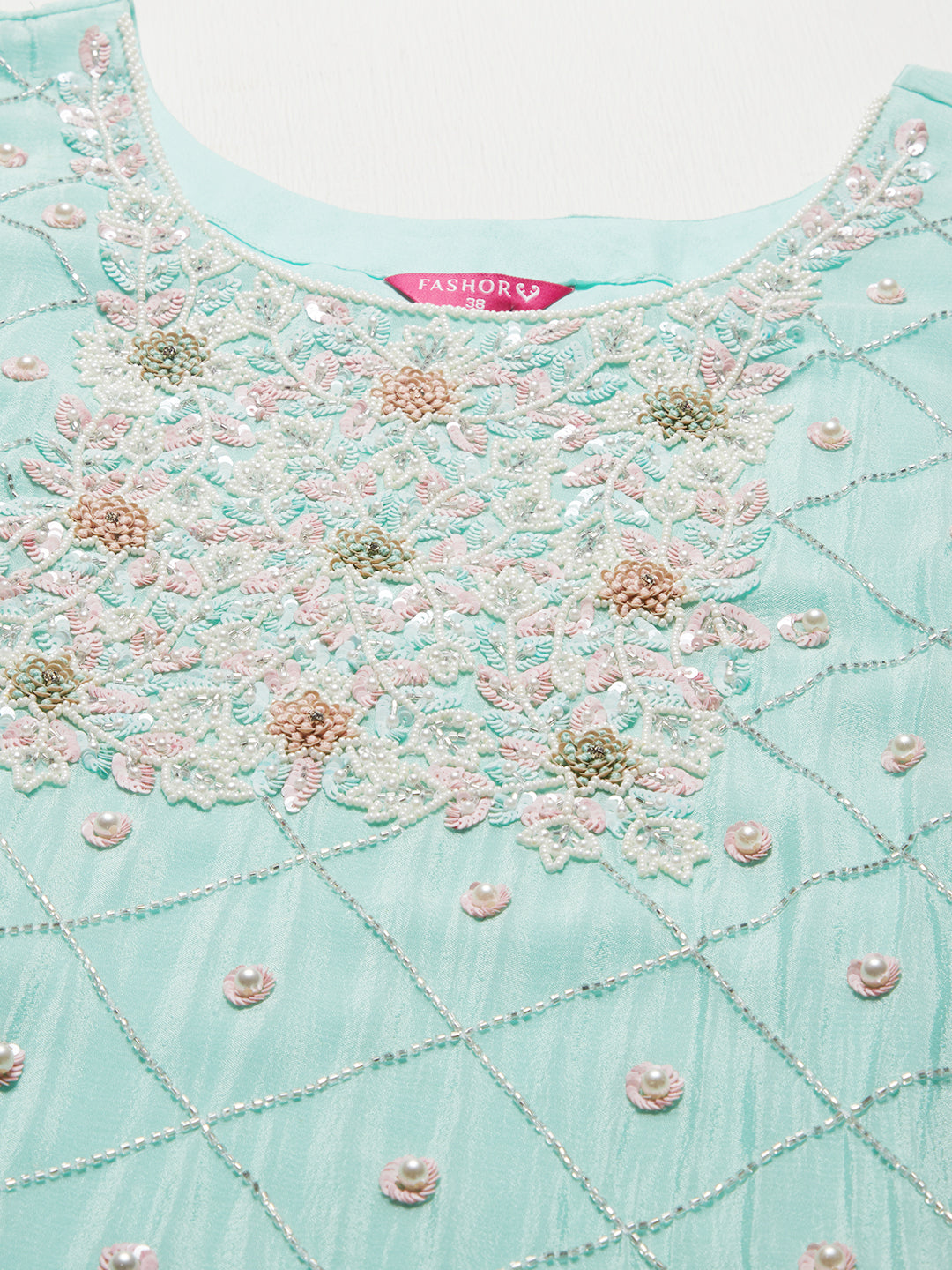 Ethnic Hand Embroidered Straight Kurta with Pants & Dupatta - Mint Green