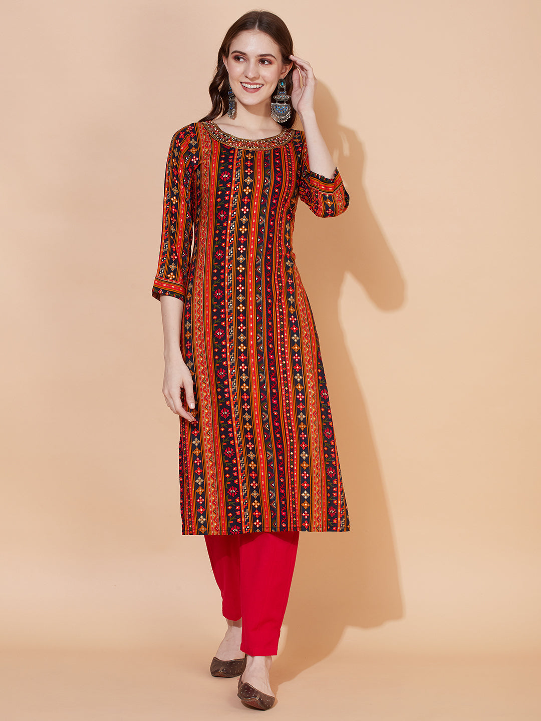 Ethnic Printed & Hand Embroidered Straight Fit Kurta – Multi