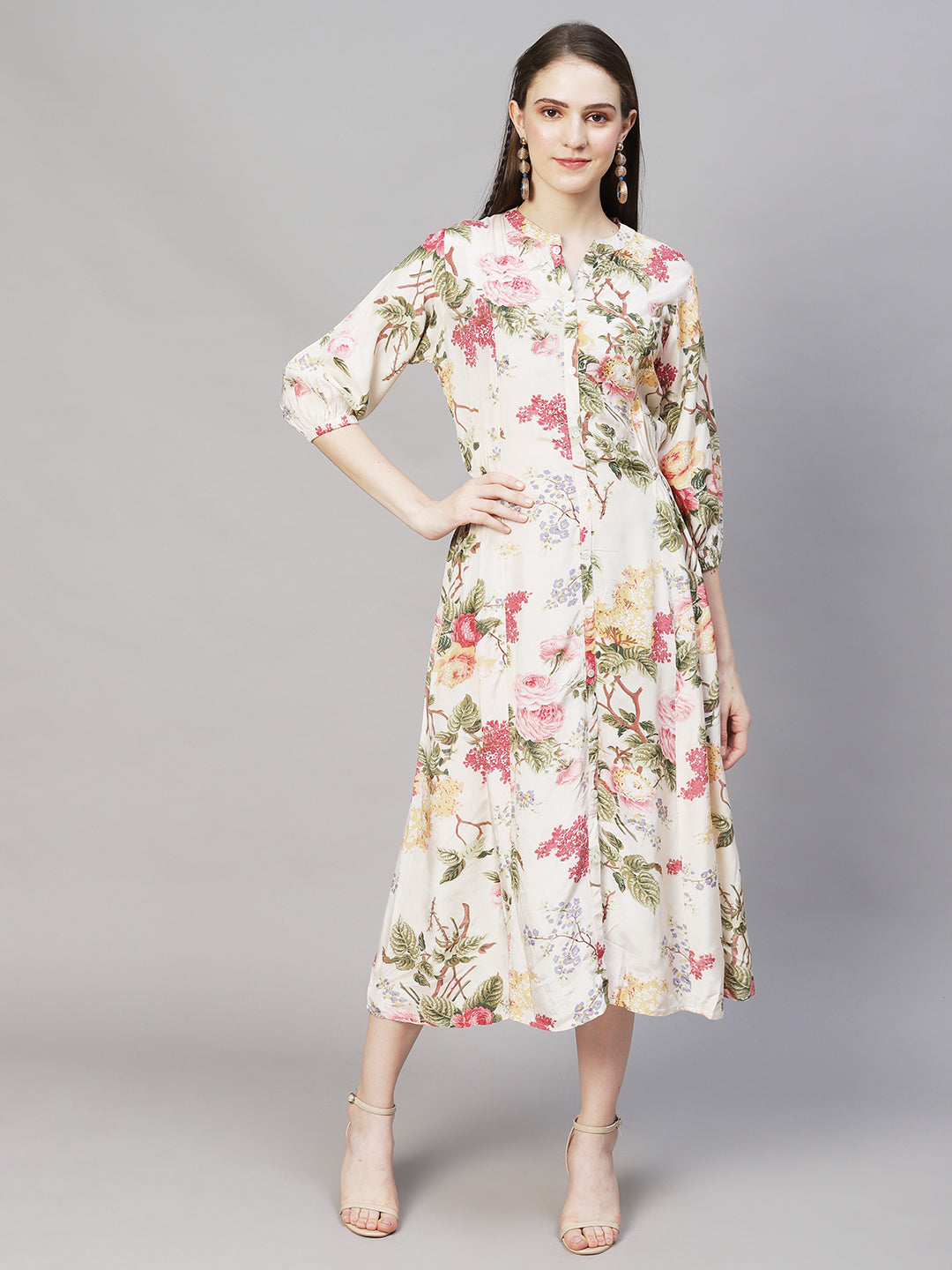Floral Printed & Embroidered A-Line Midi Dress - Off White