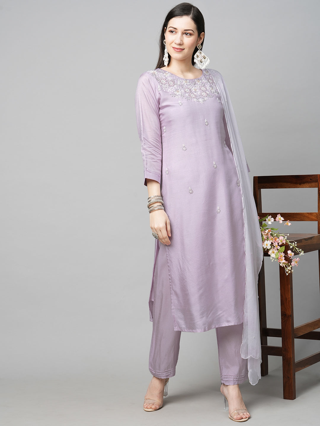 Purple Coloured Simple and Comfort Embellished work Raw Silk Kurta Set