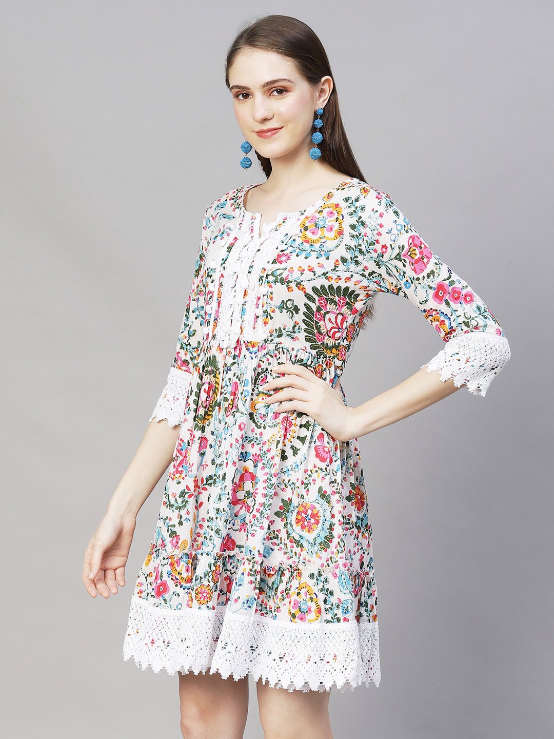 Floral Printed A-Line Midi Dress - Off White