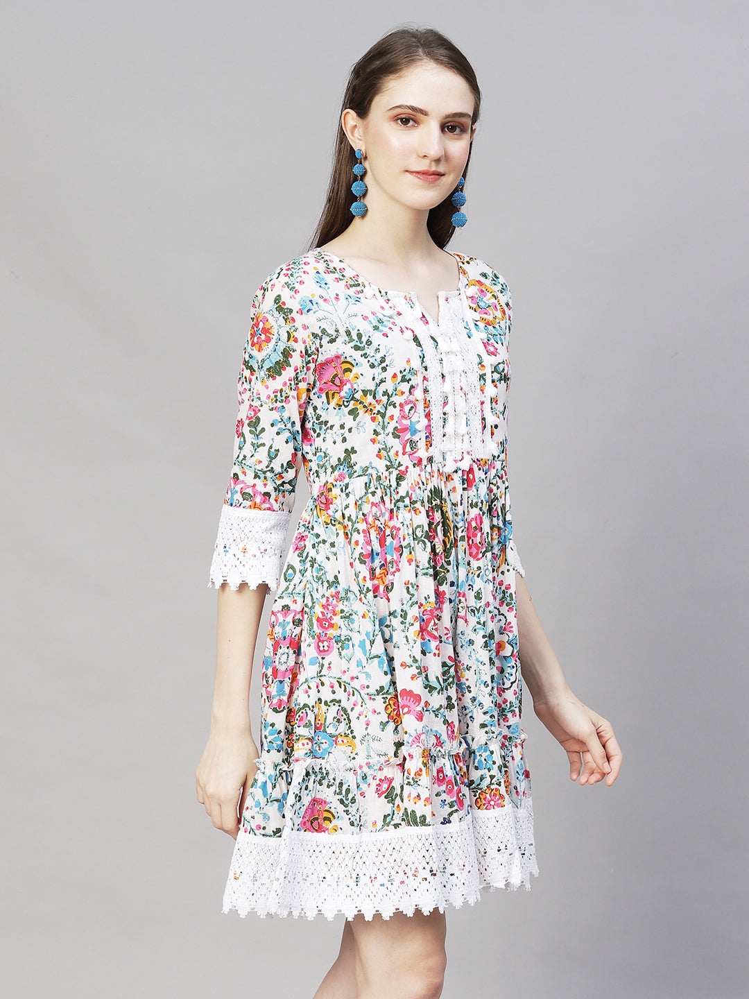 Floral Printed A-Line Midi Dress - Off White