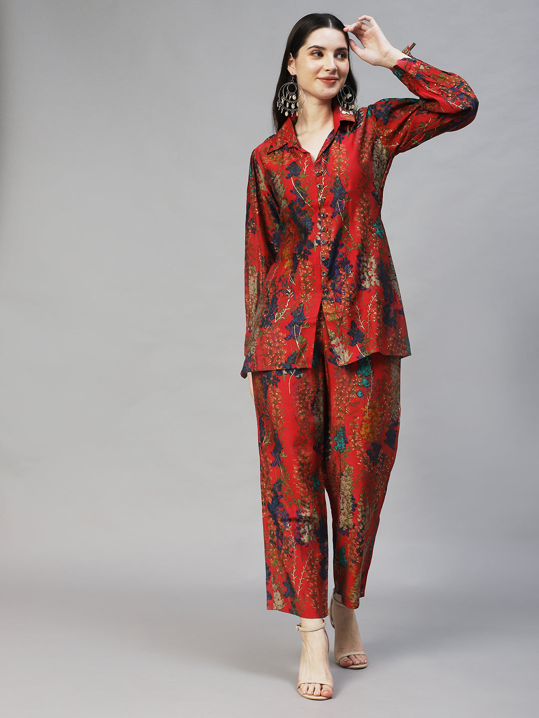 Floral Printed Co-ord Set - Red