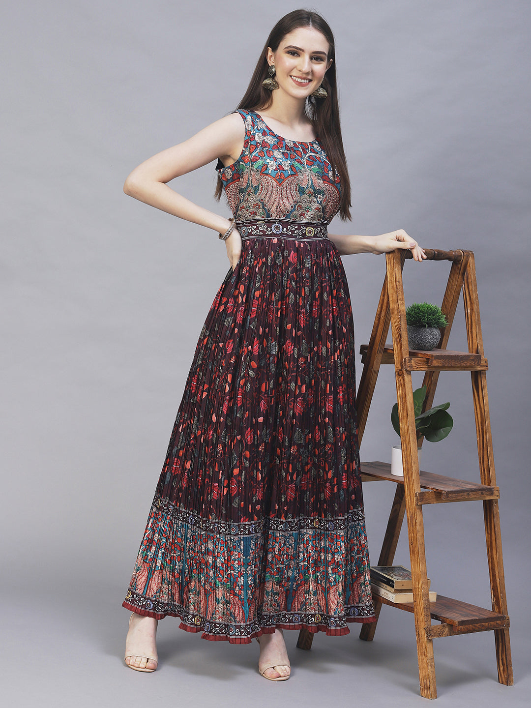 Ethnic Printed & Hand Embroidered Maxi Flared Dress & Belt - Deep Wine